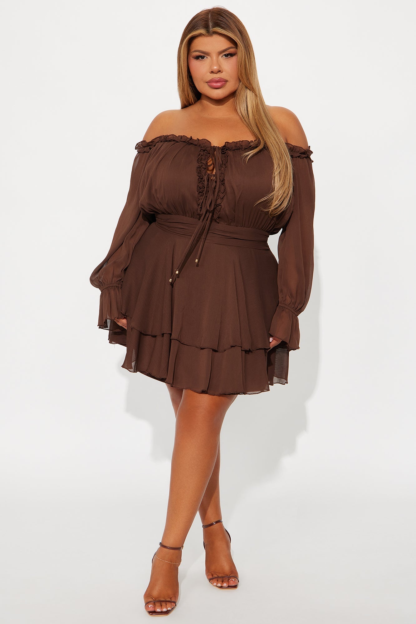 Laura Long Sleeve Chiffon Mini Dress - Chocolate
