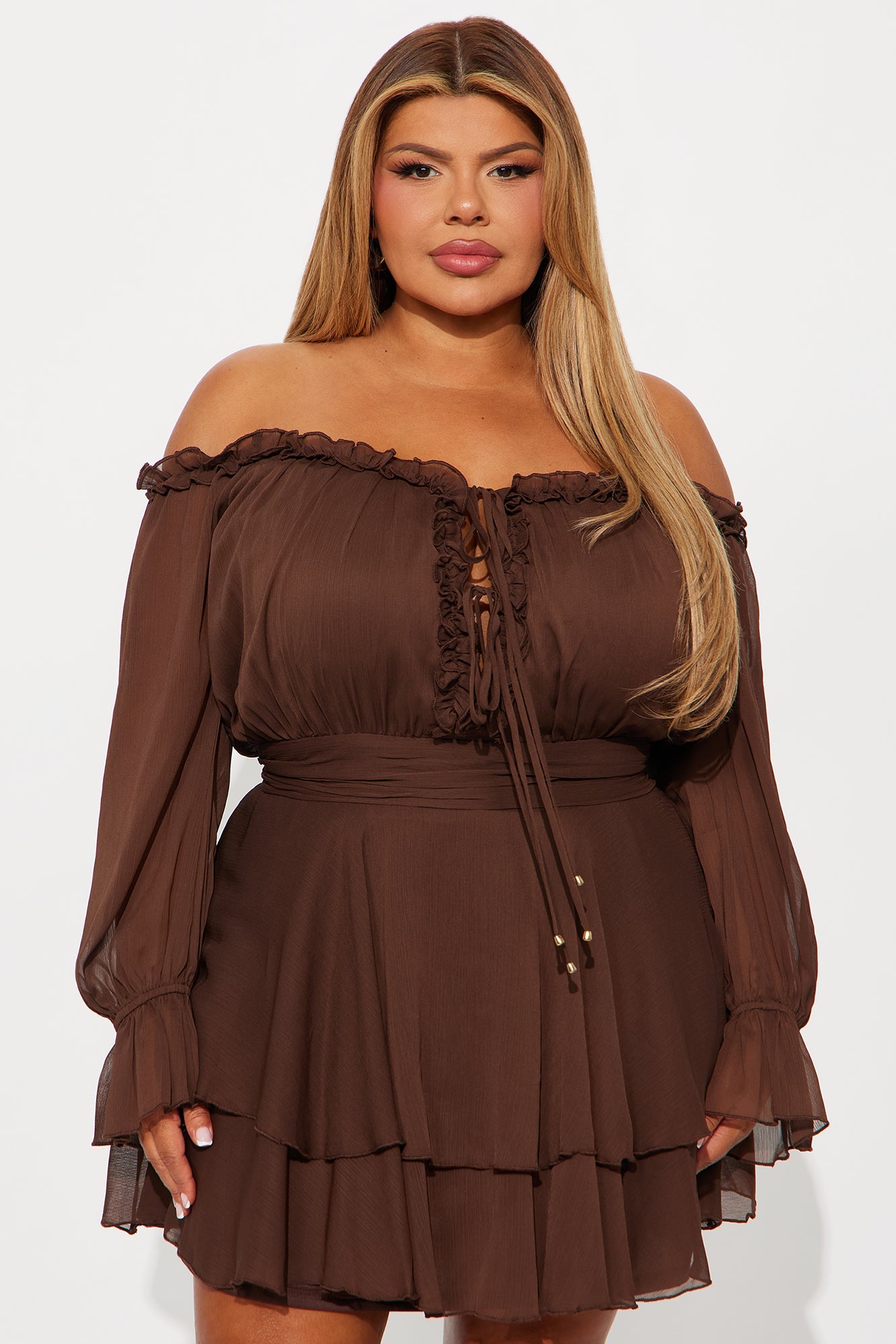 Laura Long Sleeve Chiffon Mini Dress - Chocolate