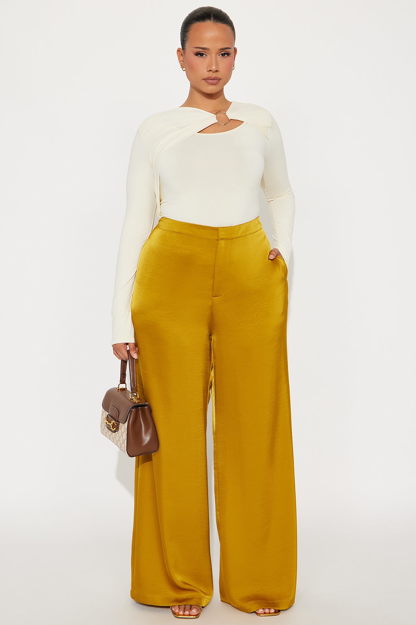 Denise Satin Wide Leg Trouser Pant - Mustard
