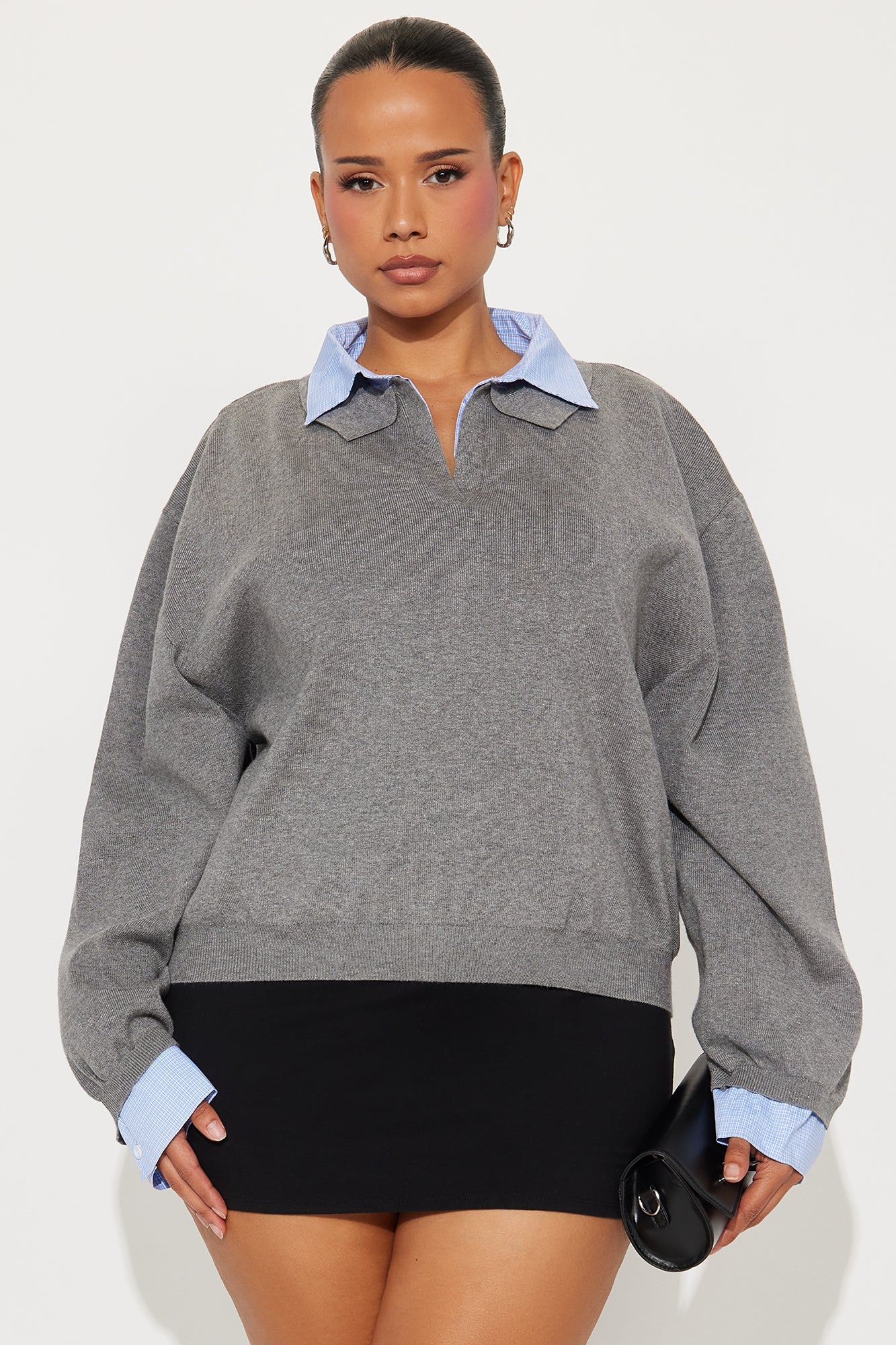 Clocked In Poplin Collar Sweater - Grey/combo