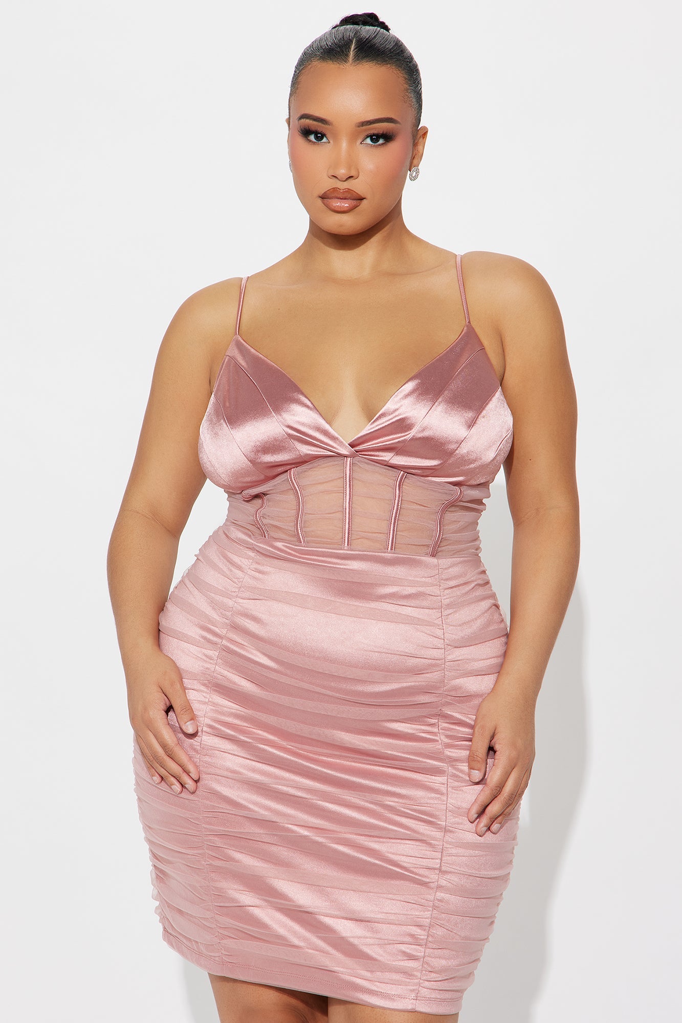 Angelina Mesh Metallic Satin Mini Dress - Blush