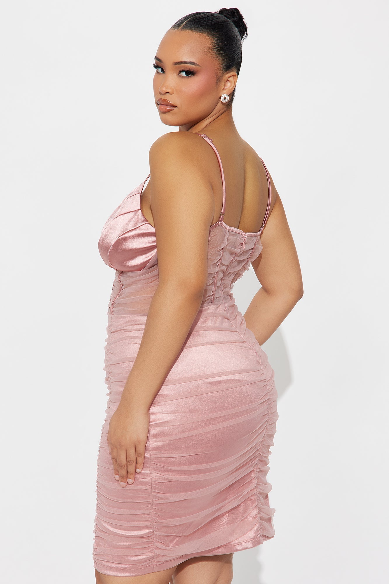 Angelina Mesh Metallic Satin Mini Dress - Blush