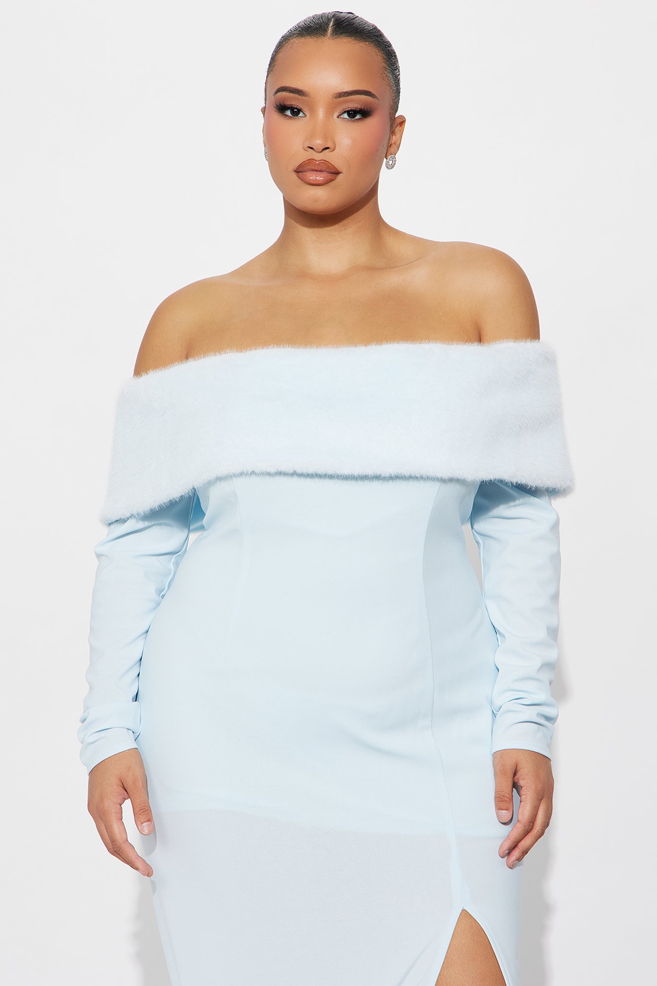 Erin Off Shoulder Fur Maxi Dress - Light Blue