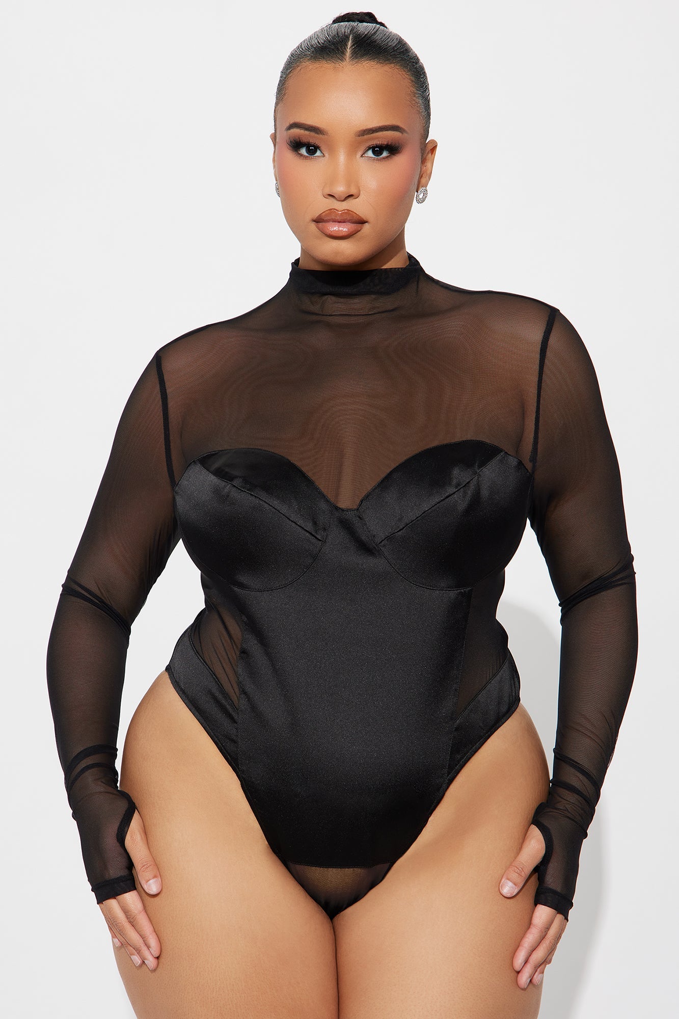 Caught On Camera Satin Bodysuit Skirt Set - Black