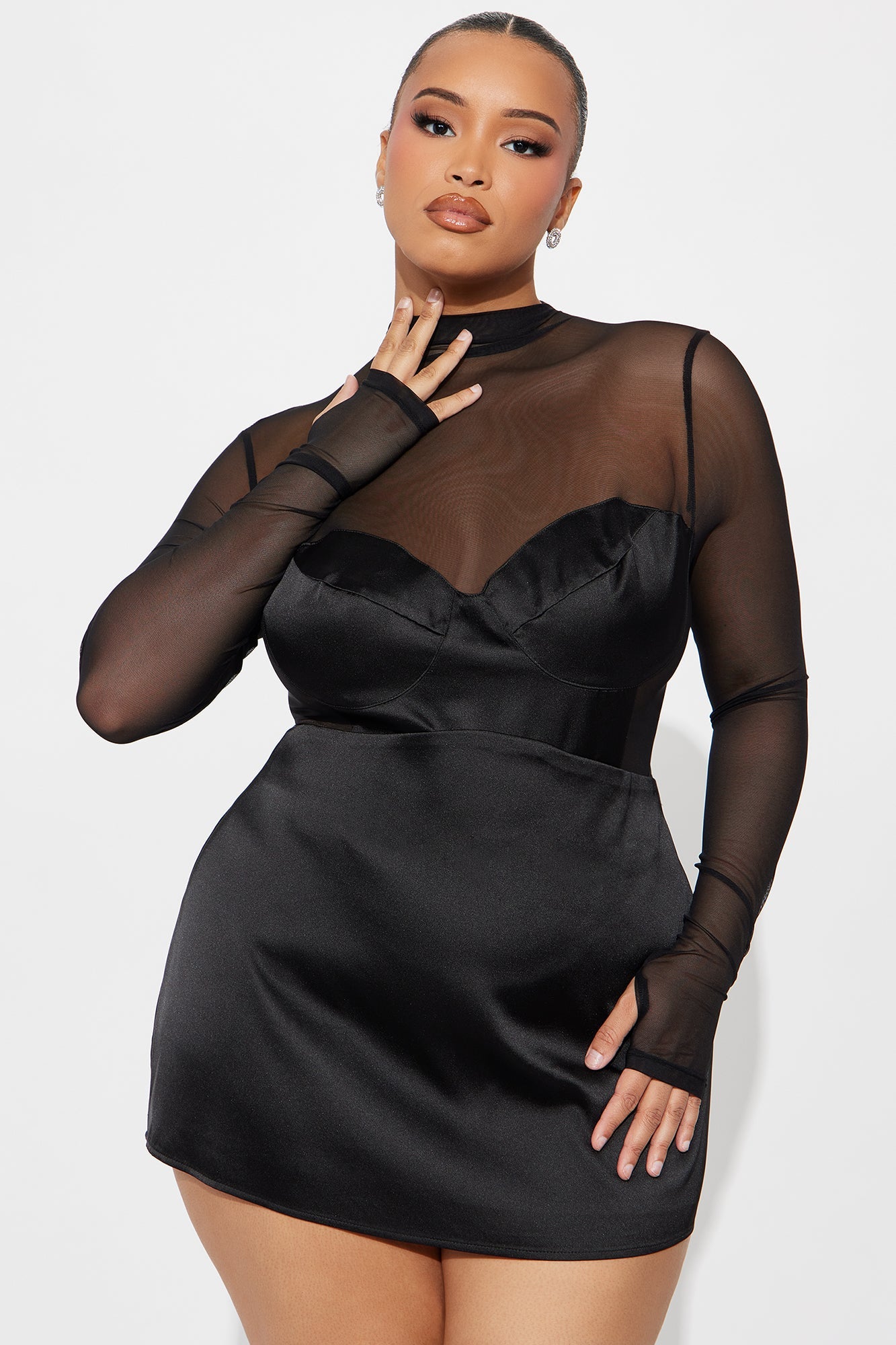 Caught On Camera Satin Bodysuit Skirt Set - Black