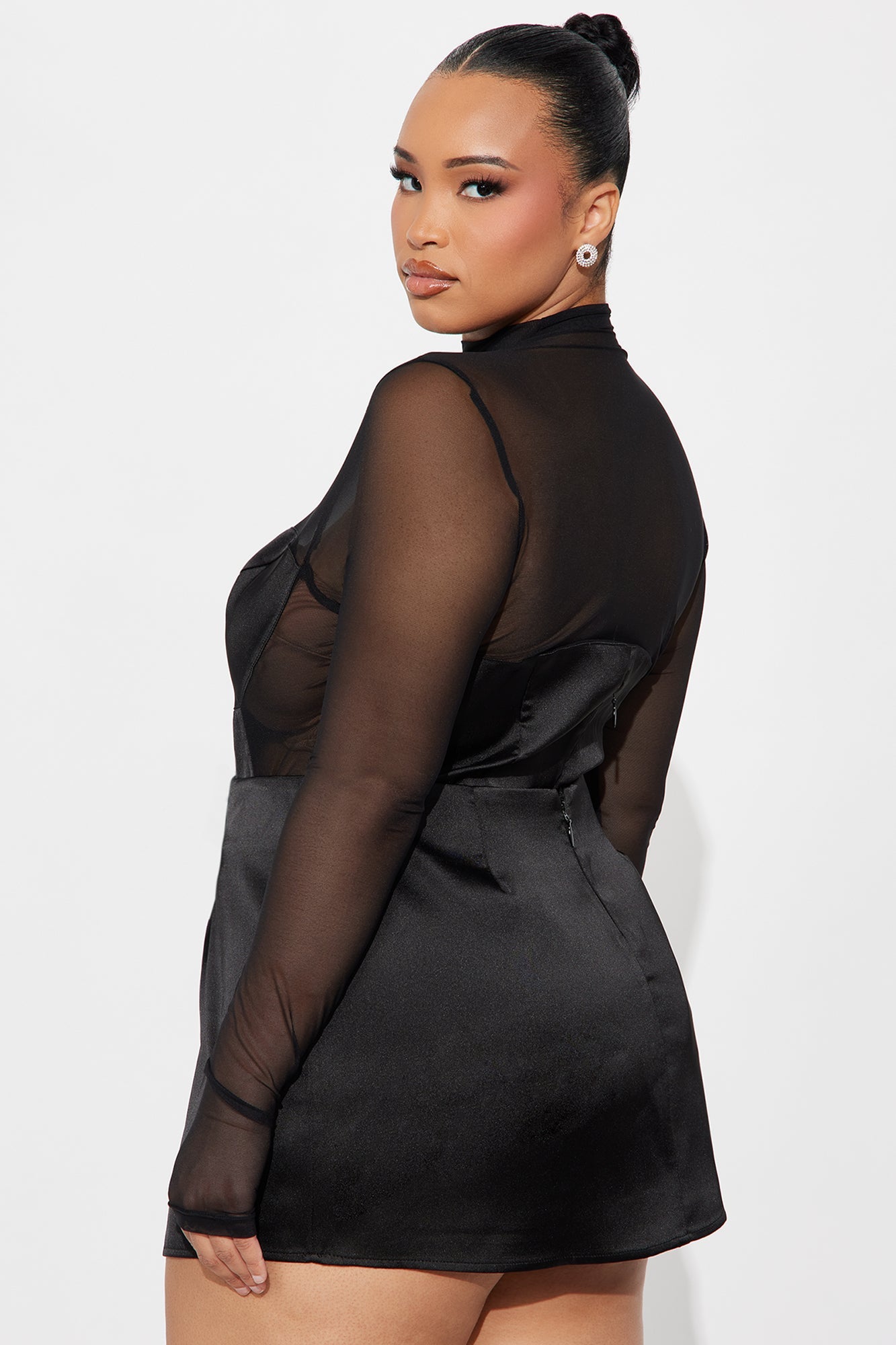 Caught On Camera Satin Bodysuit Skirt Set - Black