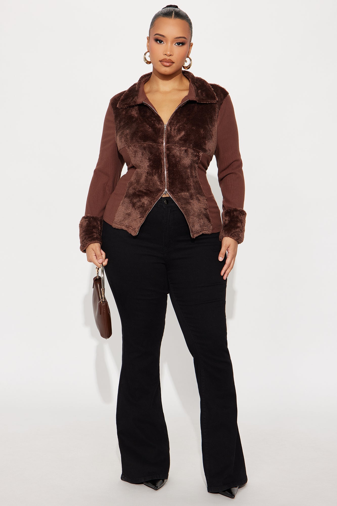Jade Fur Trim Ribbed Top - Brown