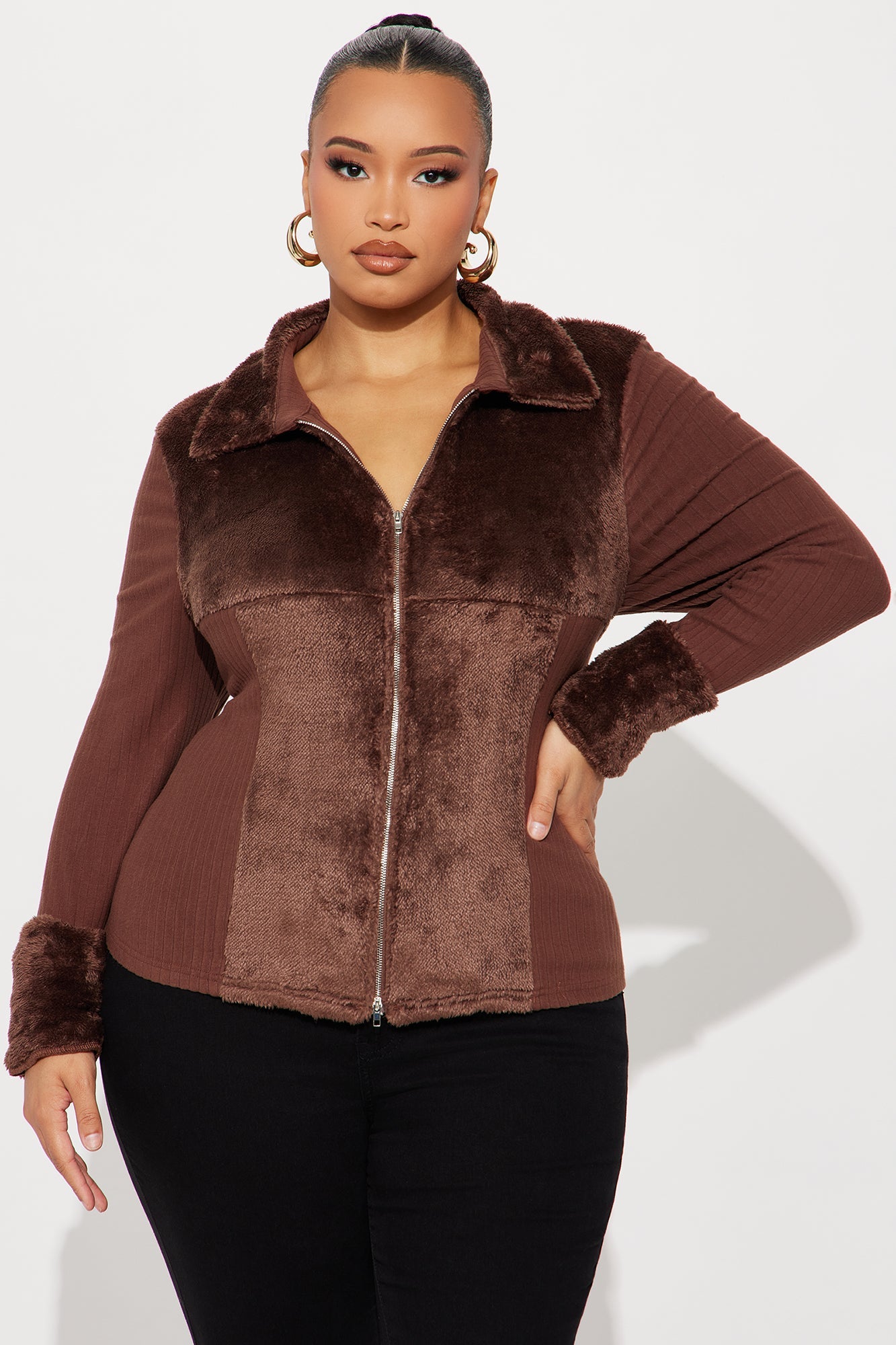 Jade Fur Trim Ribbed Top - Brown