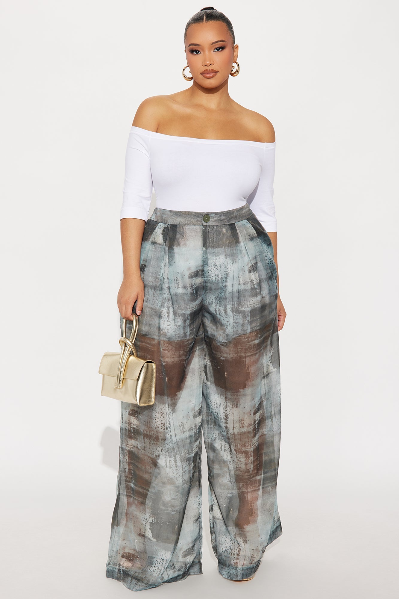 Hollie Wide Leg Abstract Print Organza Pant - Grey/combo