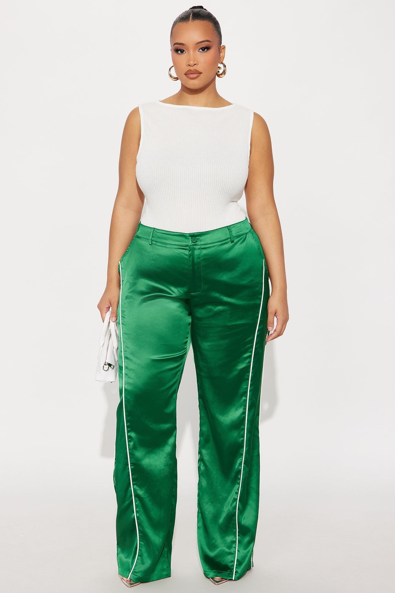 Keep Up With Me Satin Wide Leg Track Pant 33 - Green