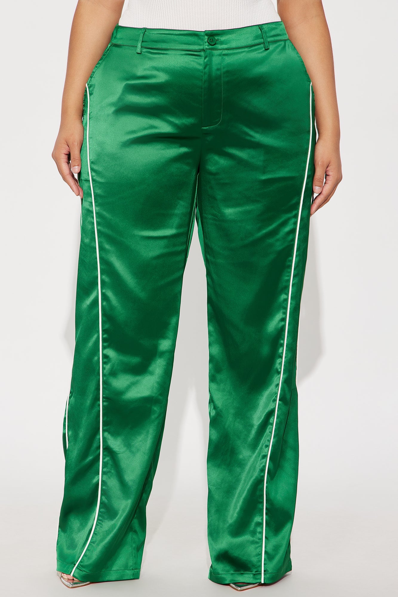 Keep Up With Me Satin Wide Leg Track Pant 33 - Green