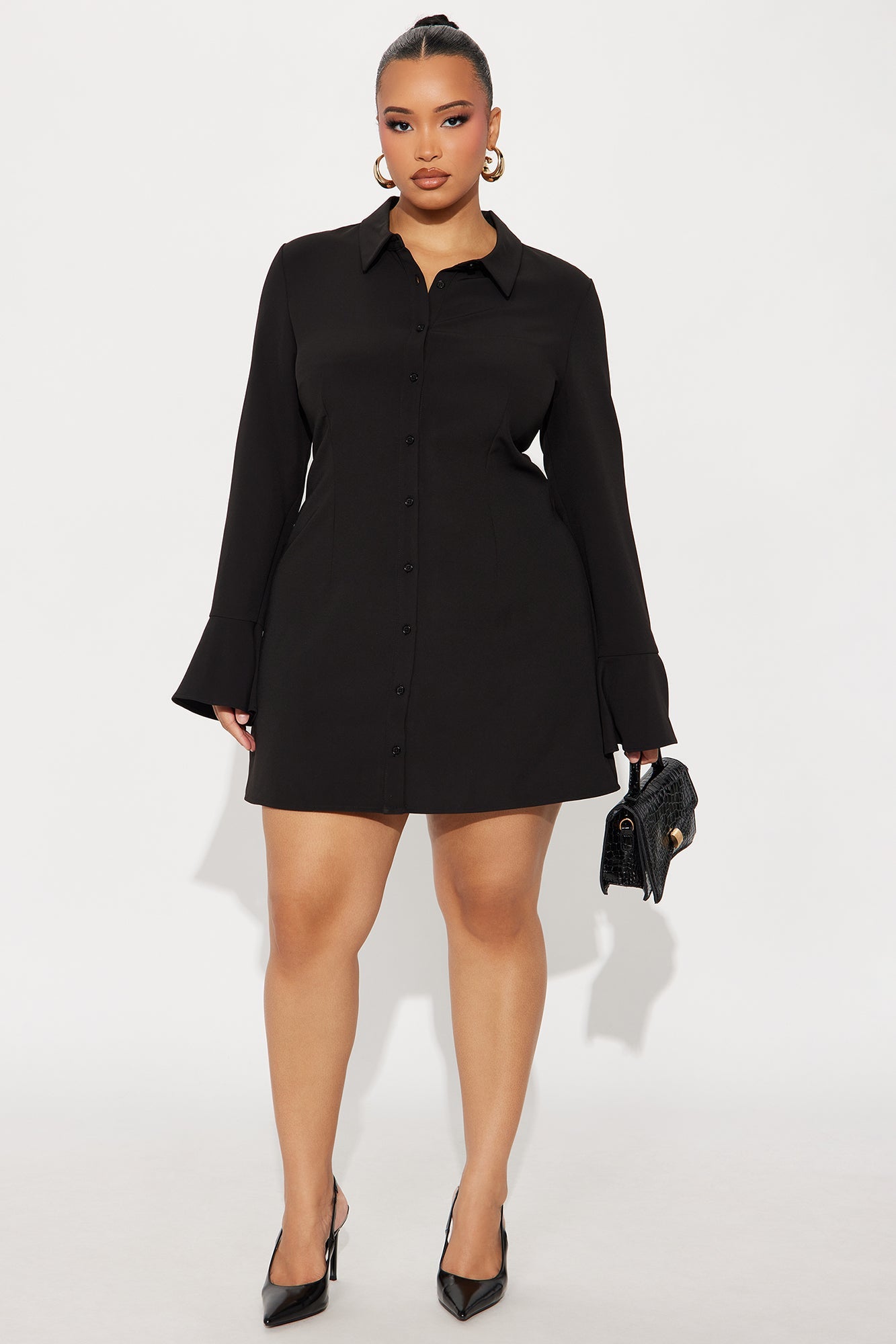 Brenda Button Up Long Sleeve Mini Dress - Black