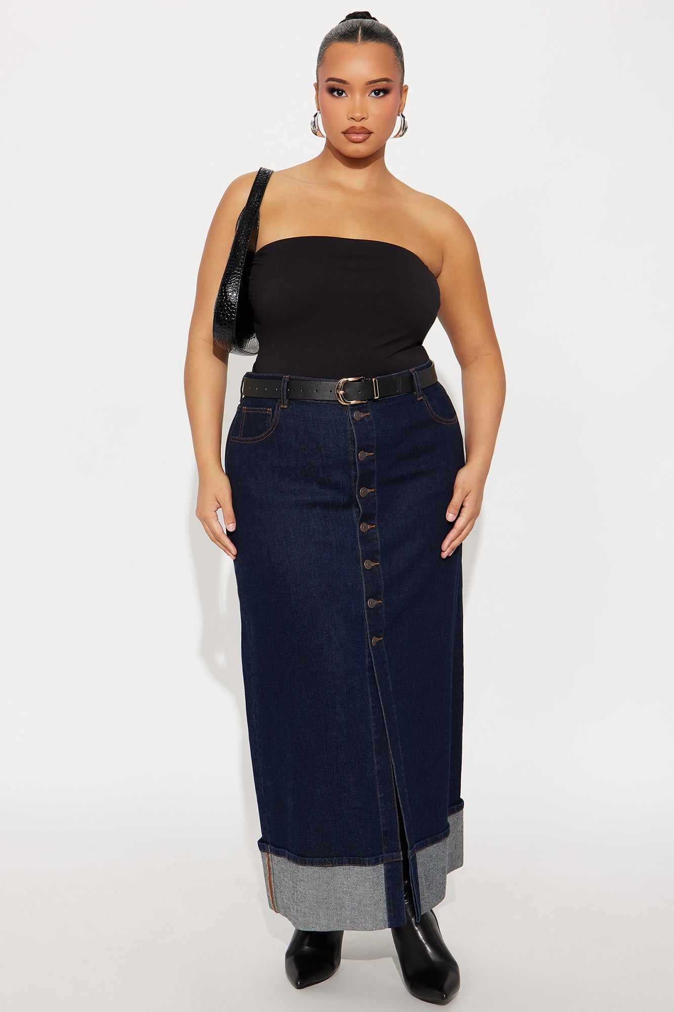 Loulou Mid Rise Denim Cuffed Hem Ankle Maxi Skirt - Rinse Blue Wash