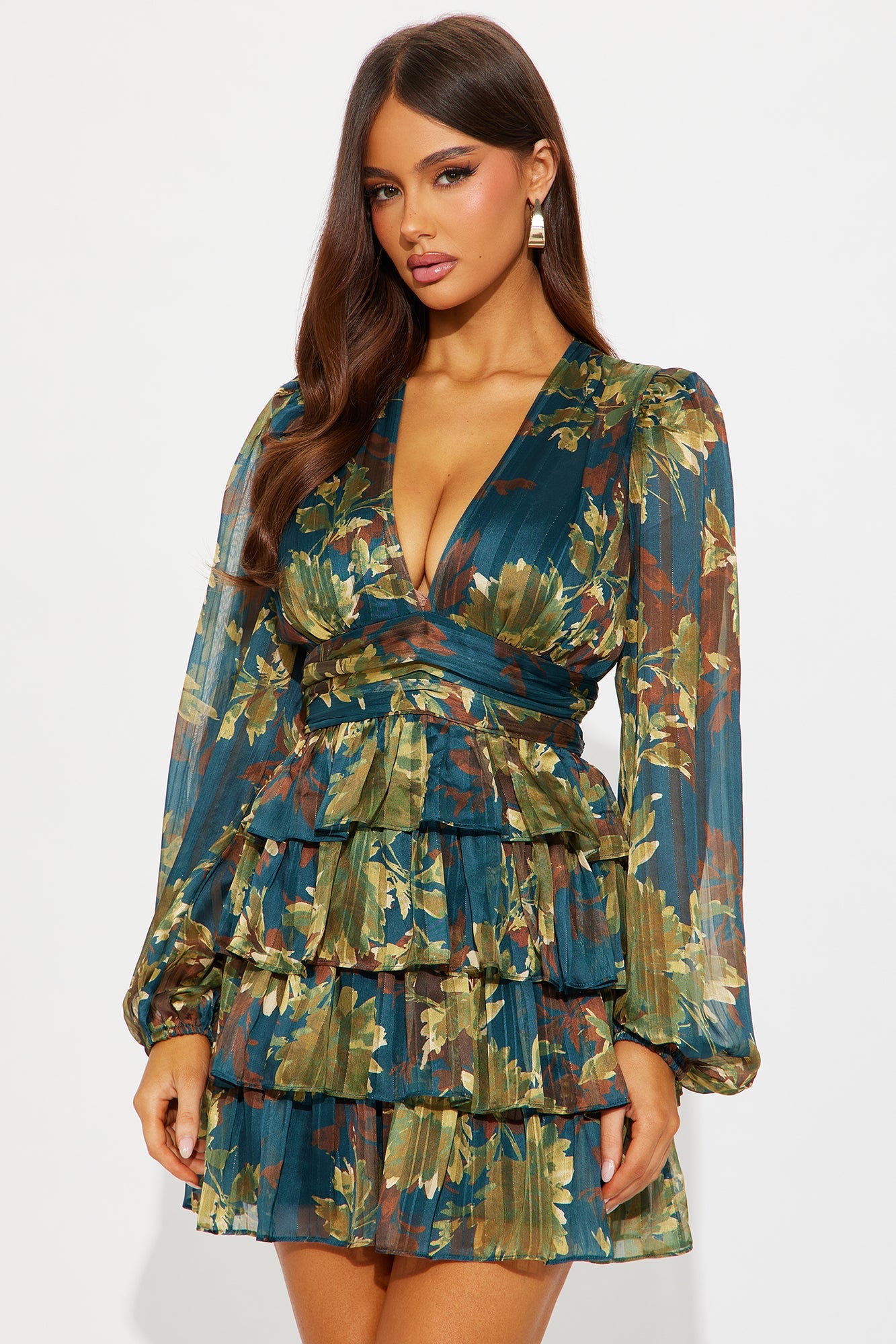 Alessia Ruffle Chiffon Mini Dress - Green/combo