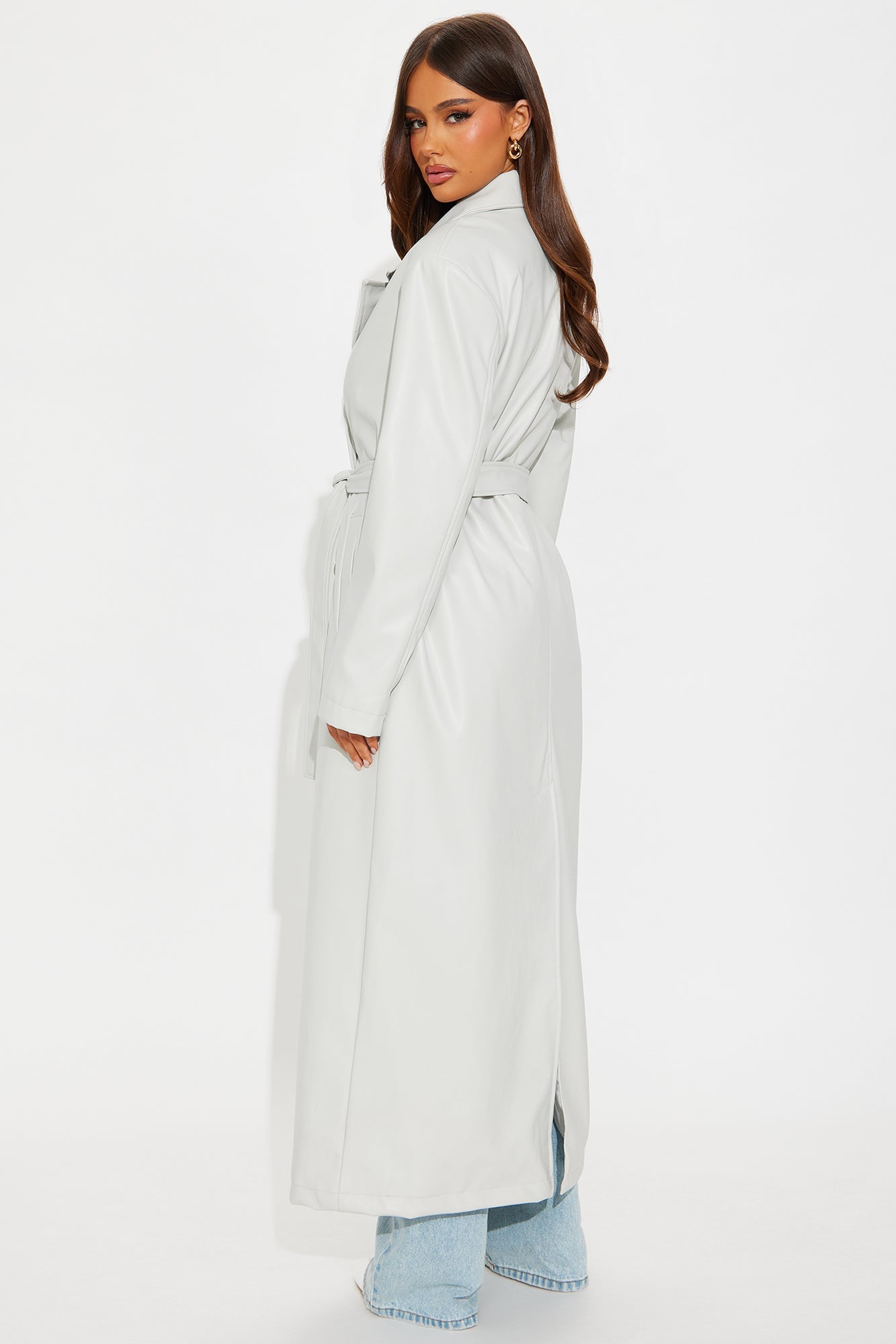 Sidewalk Strut Faux Leather Trench Coat - Light Grey
