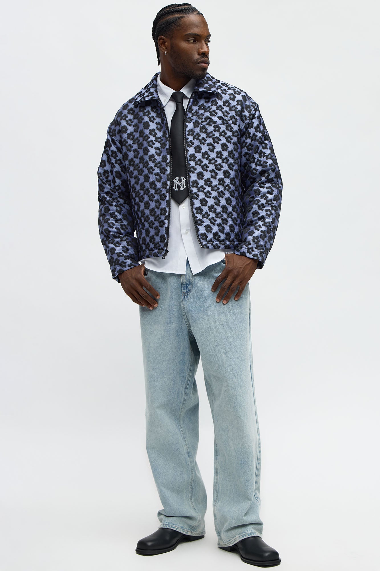 Relaxed Cropped Floral Jacquard Work Jacket - Purple