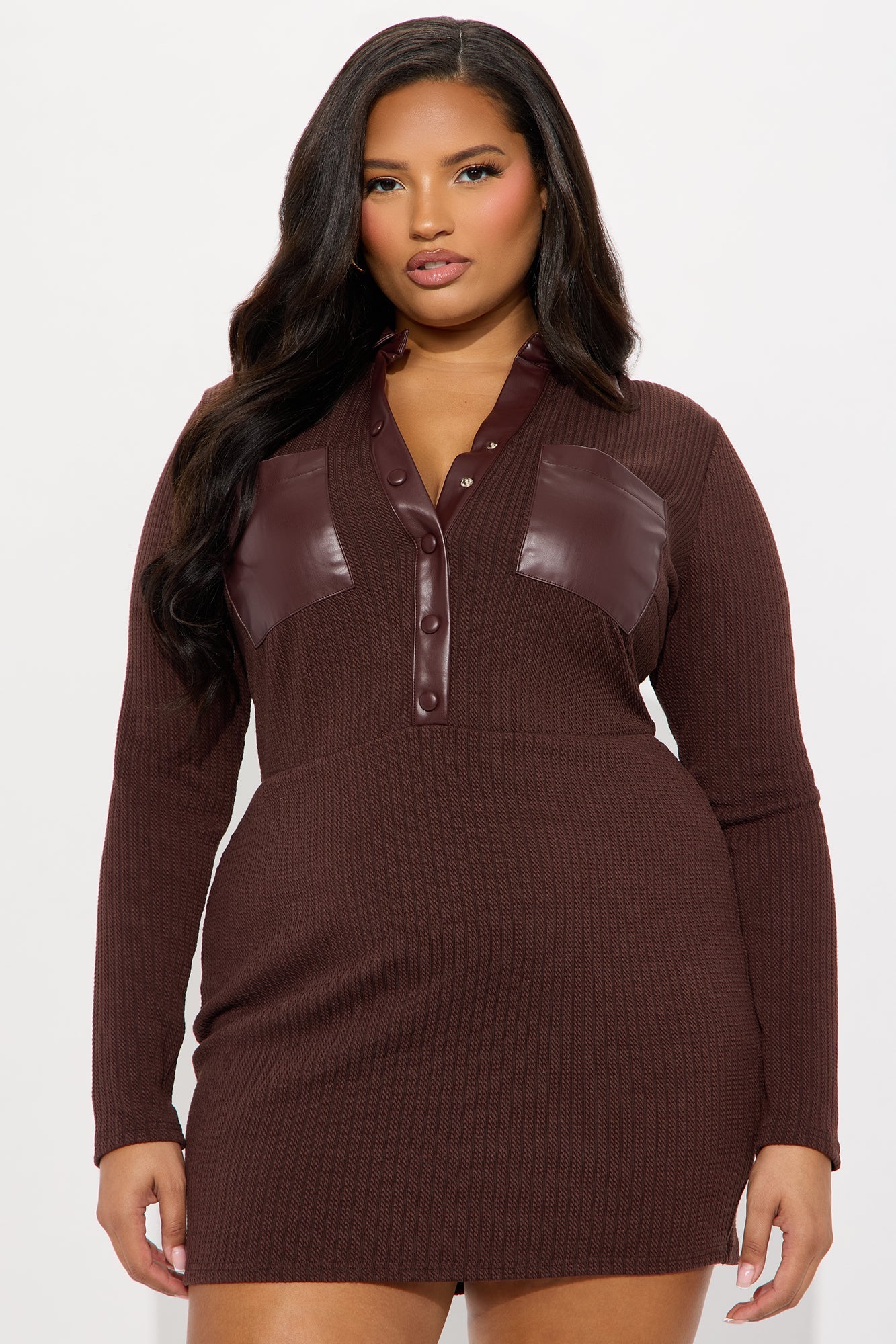 Averie Collar Long Sleeve Mini Dress - Chocolate