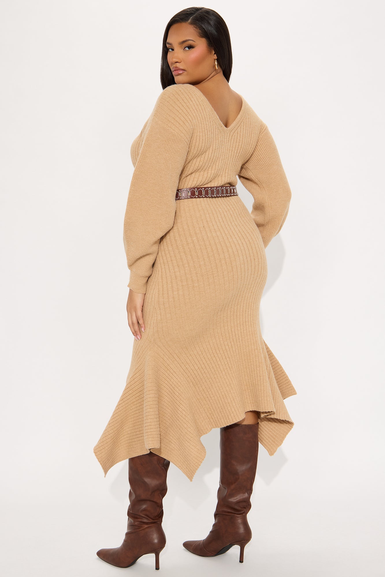 Bria Belted Sweater Midi Dress - Mocha