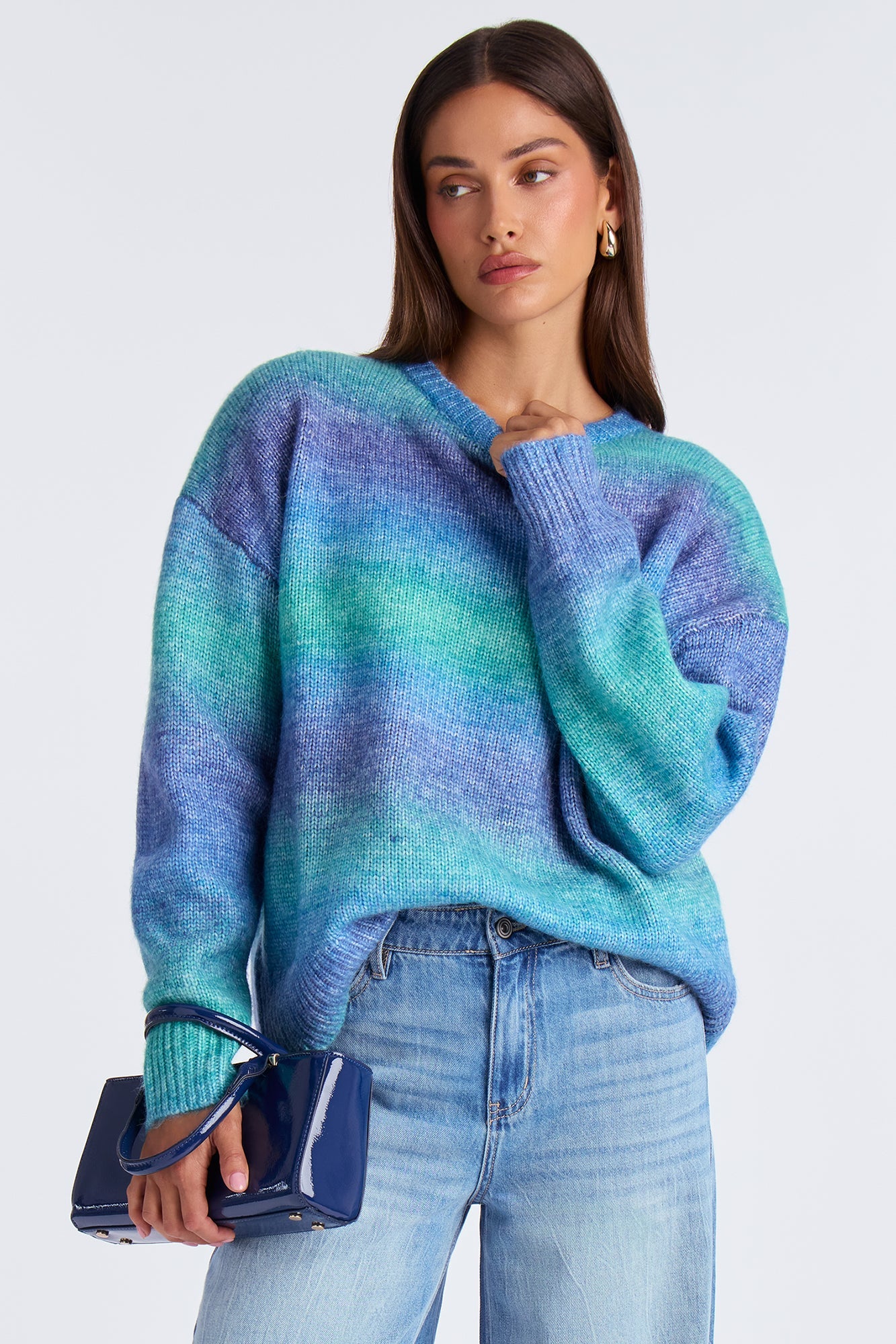 Not Your Babe Ombre Crew Neck Pullover Sweater - Blue/combo