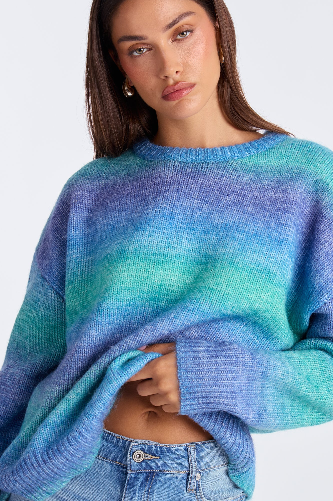 Not Your Babe Ombre Crew Neck Pullover Sweater - Blue/combo