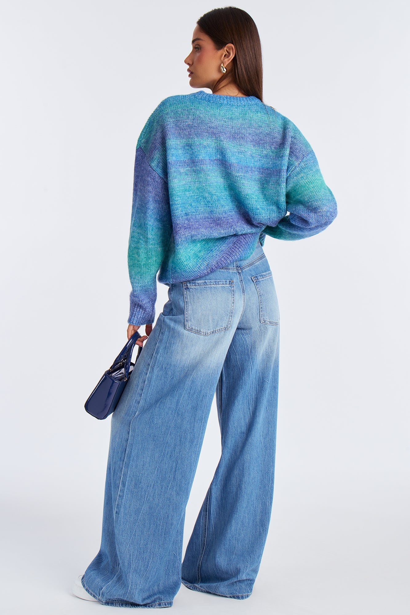 Not Your Babe Ombre Crew Neck Pullover Sweater - Blue/combo