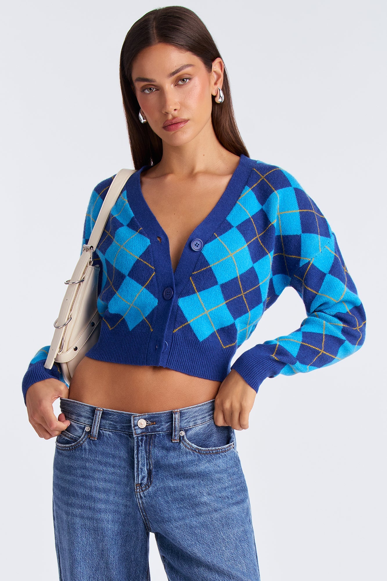 One Step Closer Argyle Cardigan - Blue/combo