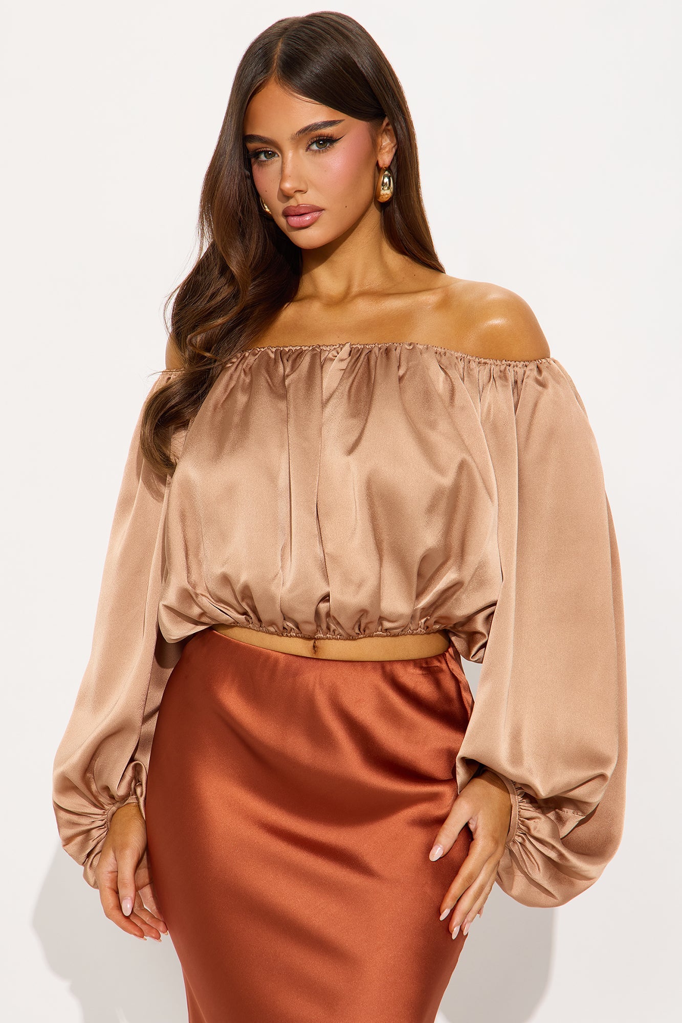 Watch Me Glow Satin Blouse - Taupe