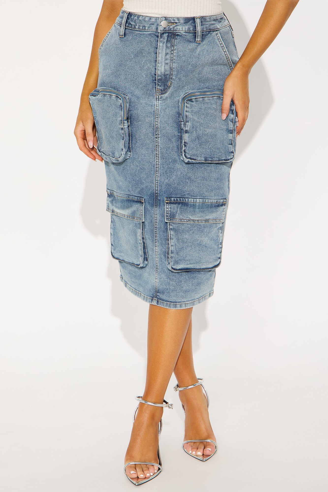 Sakura Cargo Denim Midi Skirt - Medium Wash