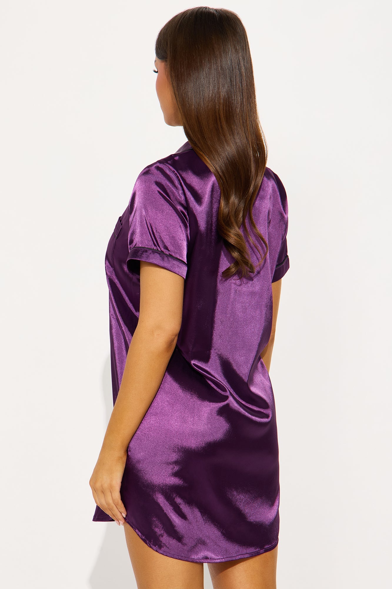 Bedtime Satin Short Sleeve PJ Sleep Shirt - Eggplant