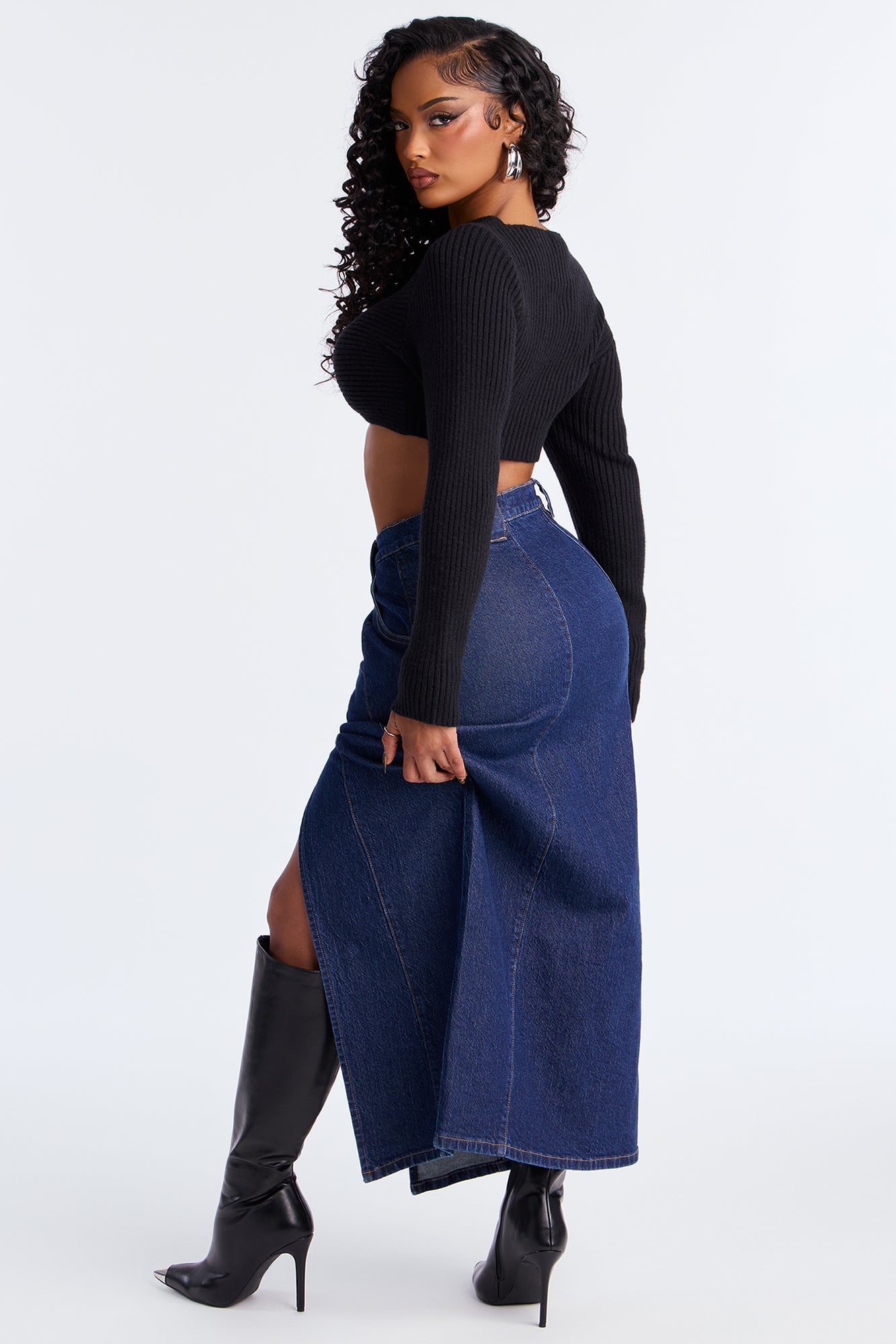 Penny Front Slit Denim Maxi Skirt - Rinse Blue Wash