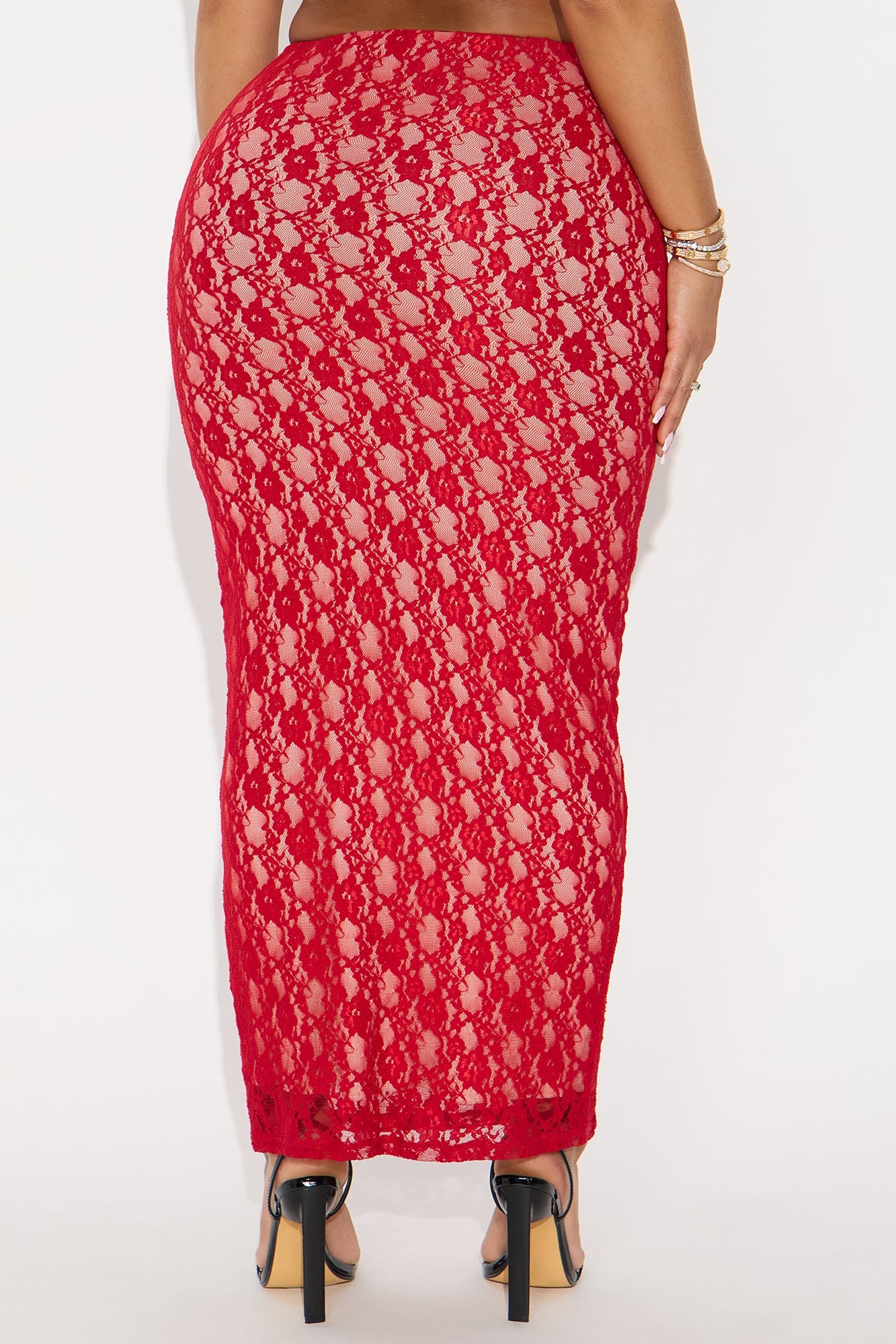 Victoria High Rise Lace Bodycon Maxi Skirt - Red