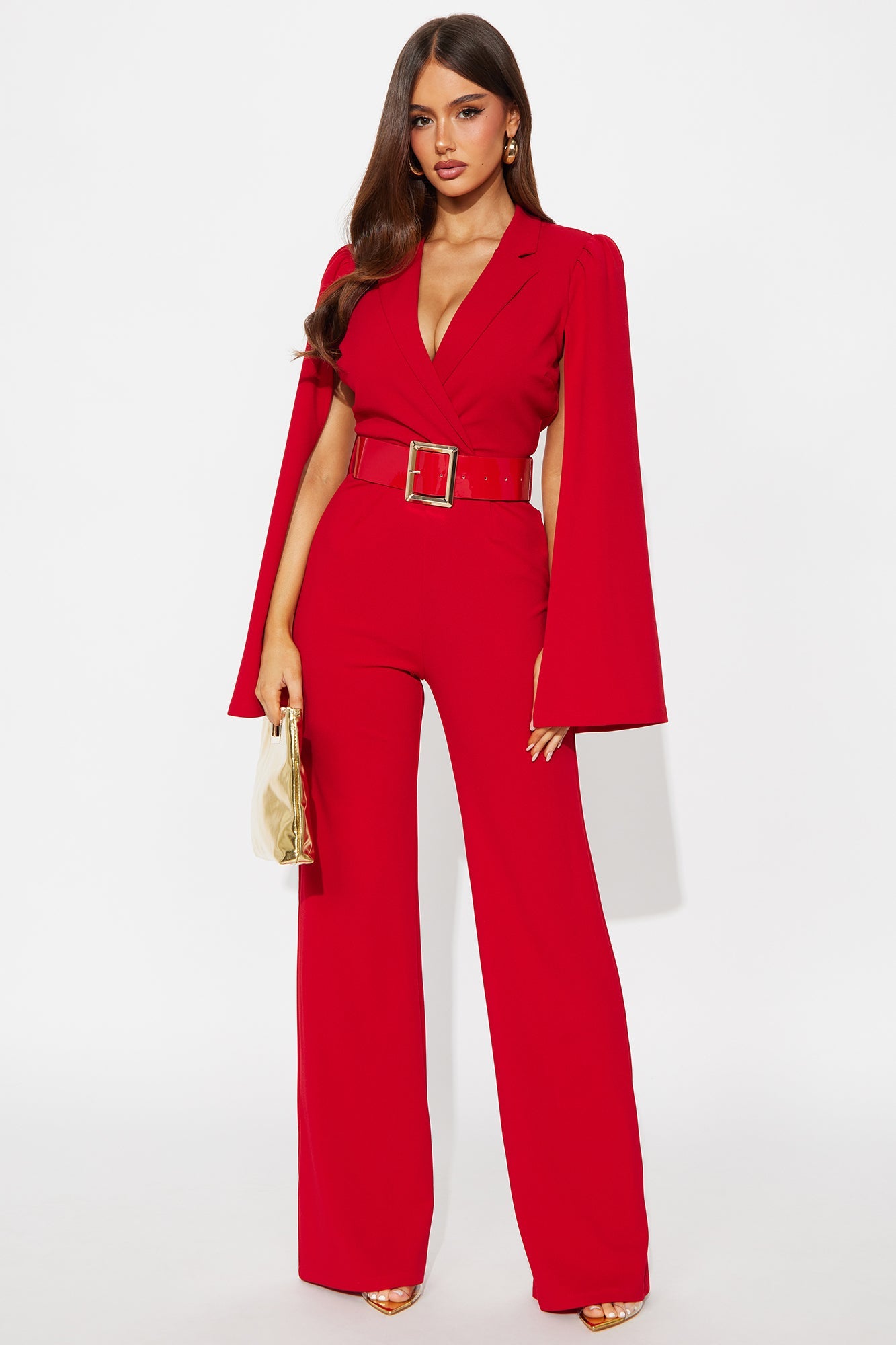 Ceo Vibes Cape Sleeve Belted Jumpsuit - Red