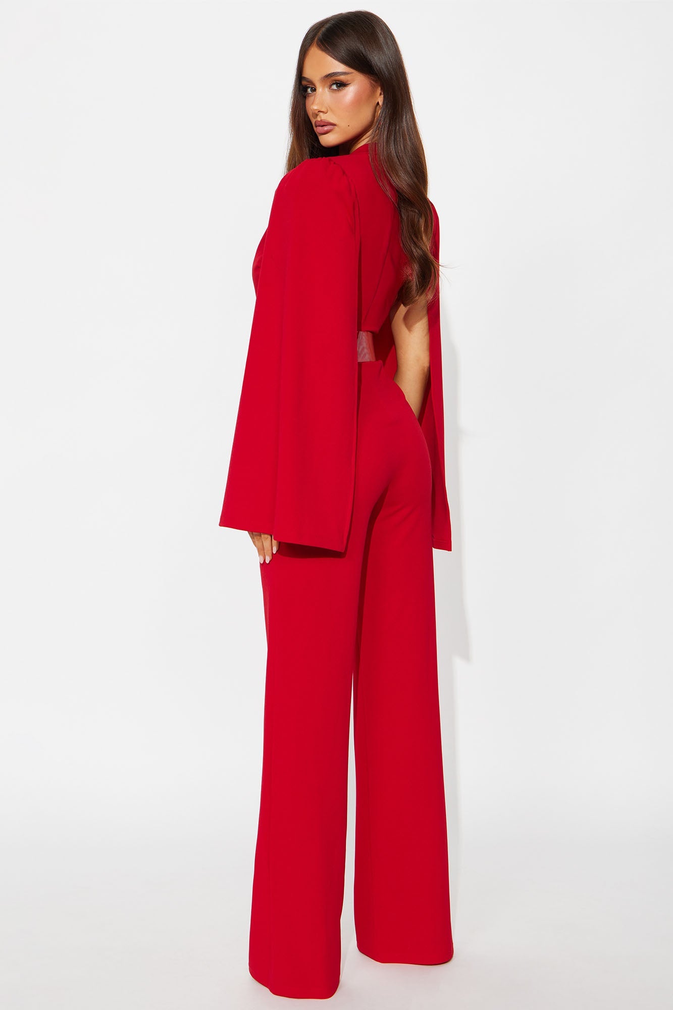 Ceo Vibes Cape Sleeve Belted Jumpsuit - Red