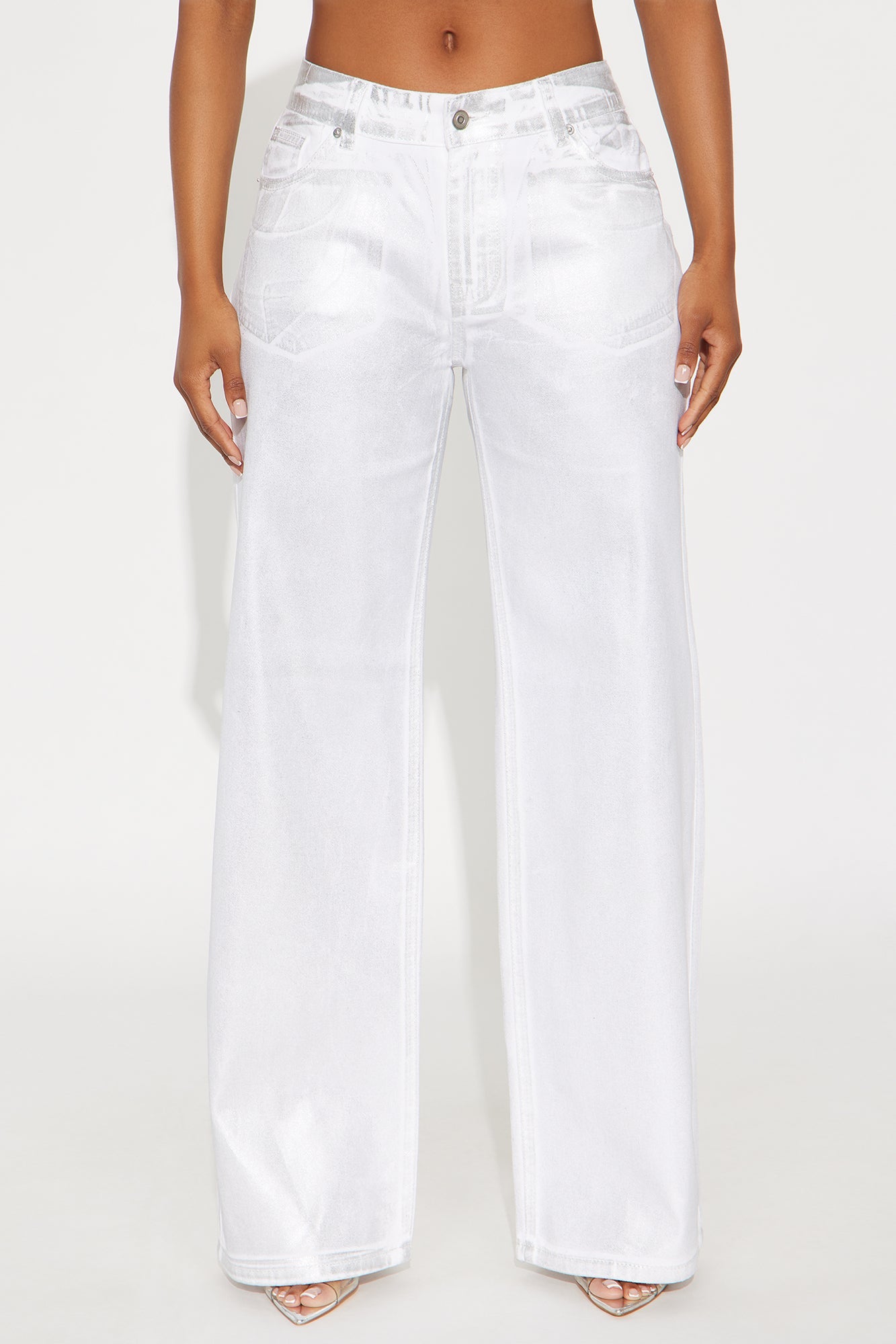 On The List Twill Rigid Wide Leg Metallic Pant 33 - White/Silver