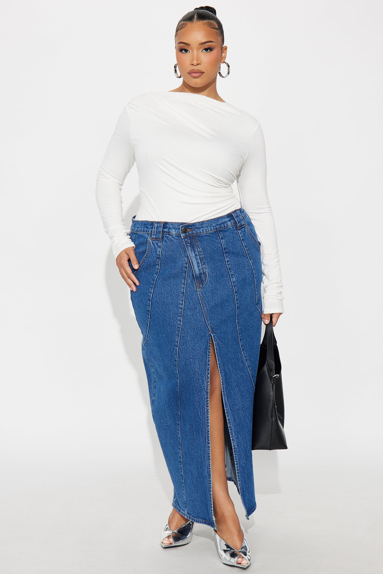 Penny Front Slit Denim Maxi Skirt - Medium Wash