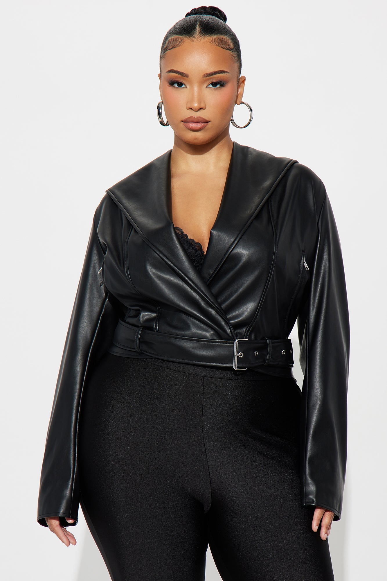 Rebel Hooded Faux Leather Moto Jacket - Black