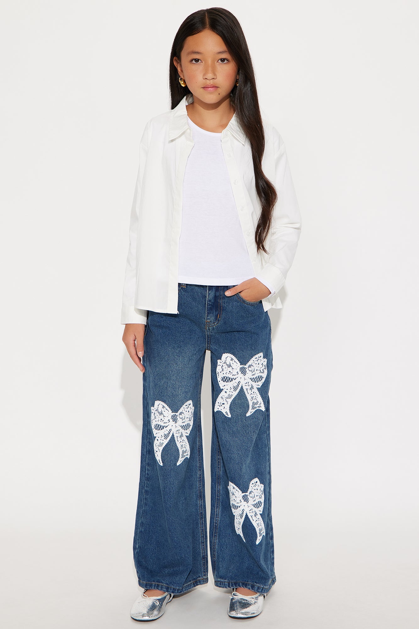 Mini Beautiful Bows Wide Leg Jeans - Dark Wash