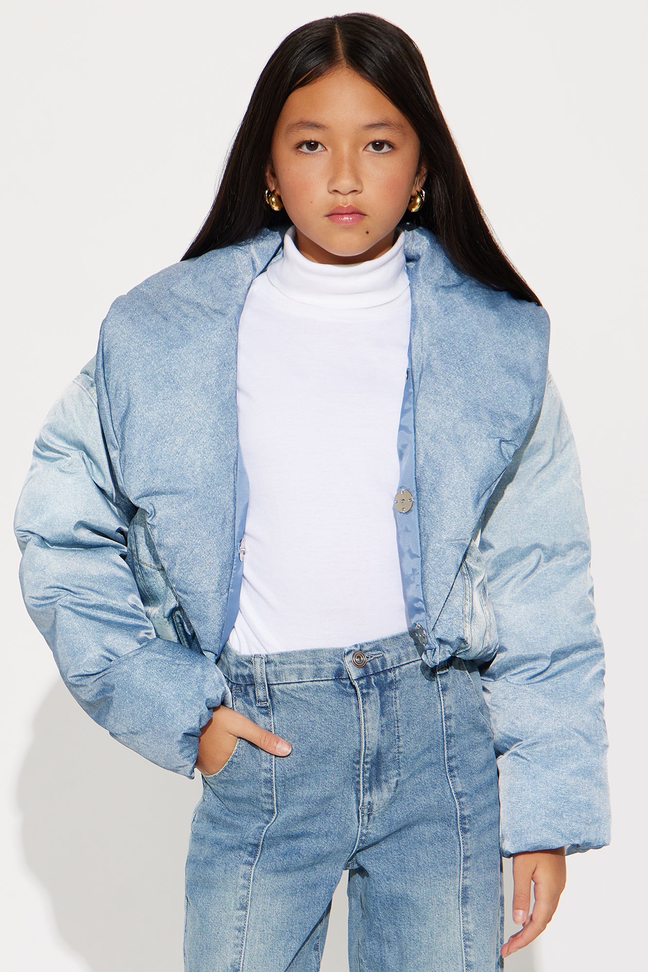 Mini Jenna Cropped Faux Denim Puffer Coat - Denim