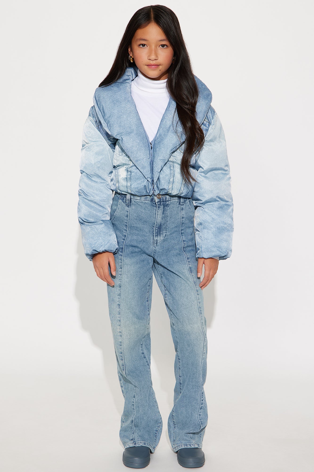Mini Jenna Cropped Faux Denim Puffer Coat - Denim