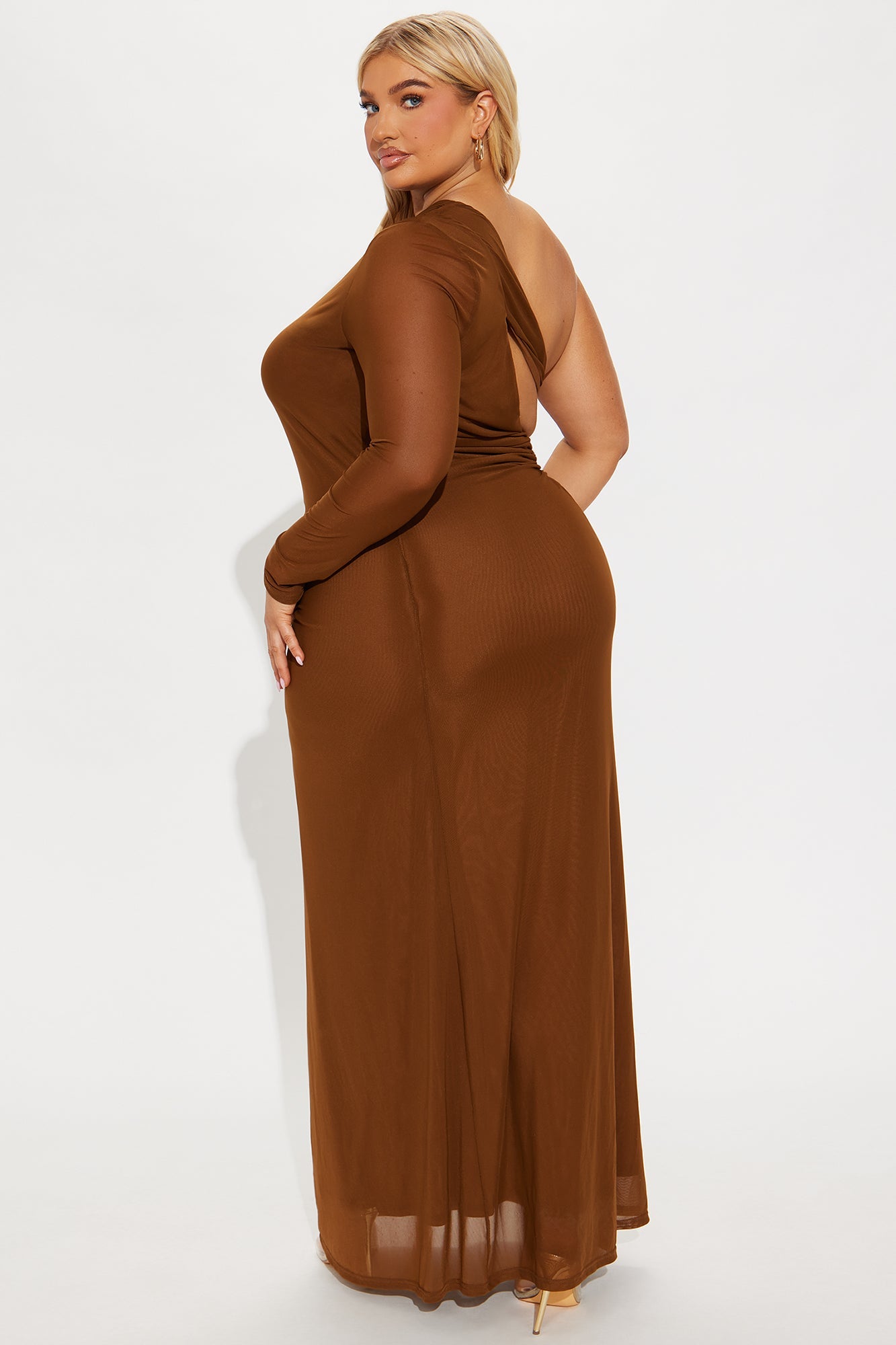 Jenna One Shoulder Sleeved Maxi Dress - Brown