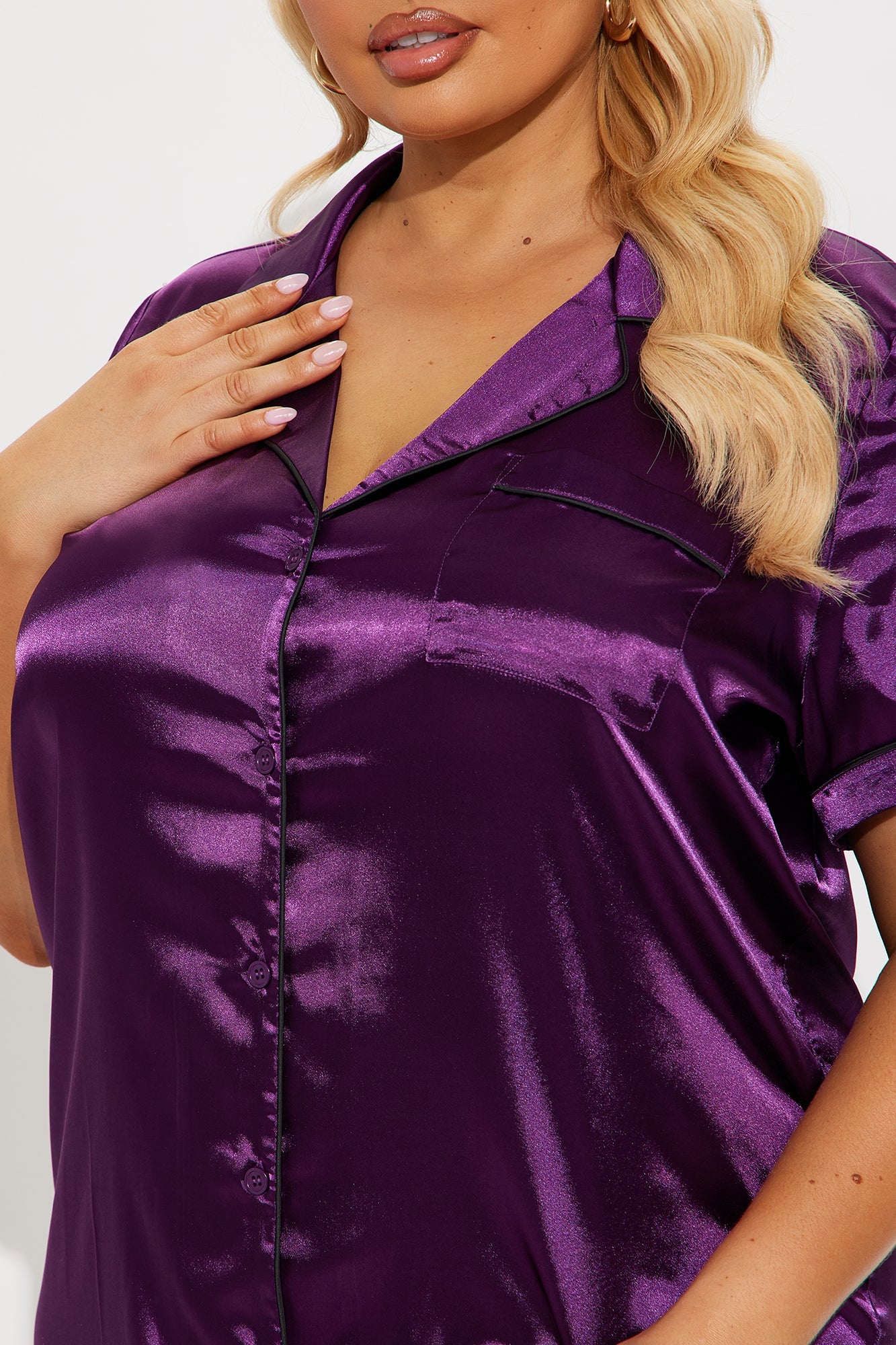 Bedtime Satin Short Sleeve PJ Sleep Shirt - Eggplant