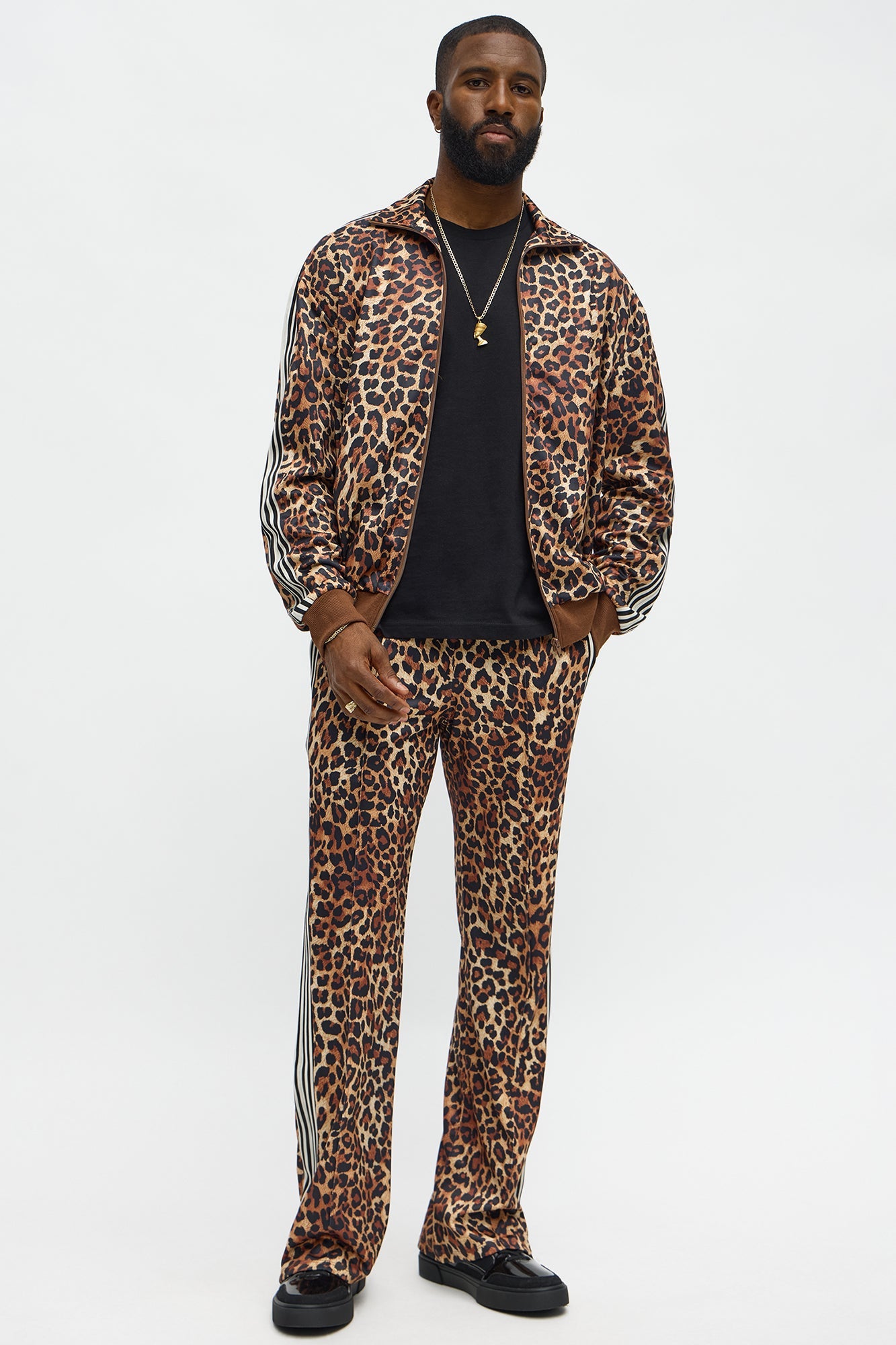Slim Flared Leopard Print Track Pant - Brown Combo