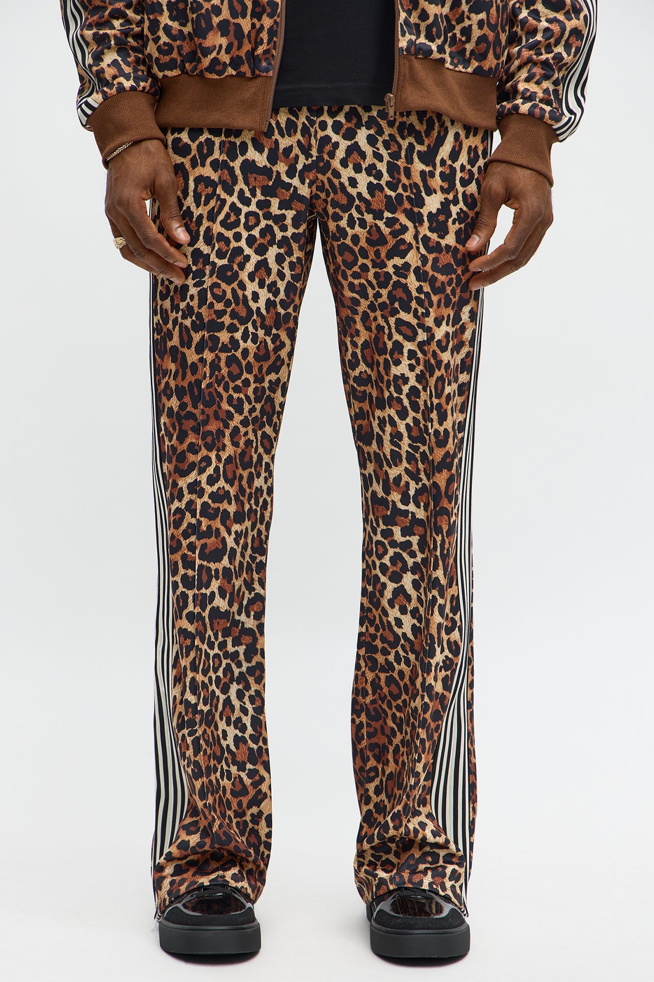 Slim Flared Leopard Print Track Pant - Brown Combo