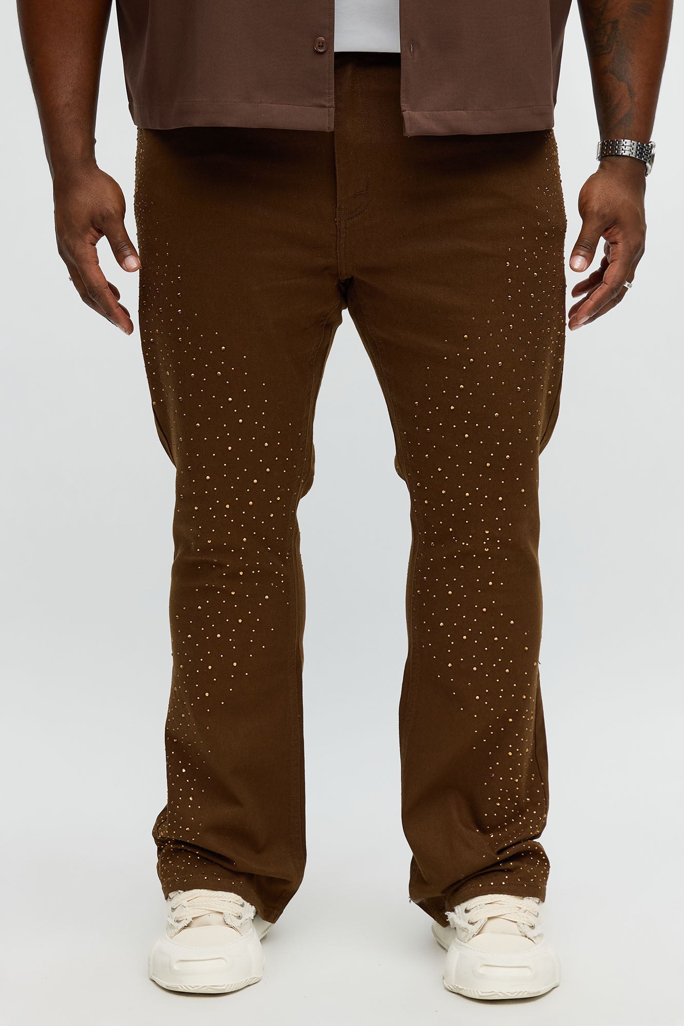 Stacked Skinny Flare Be Jeweled Up Pants - Brown