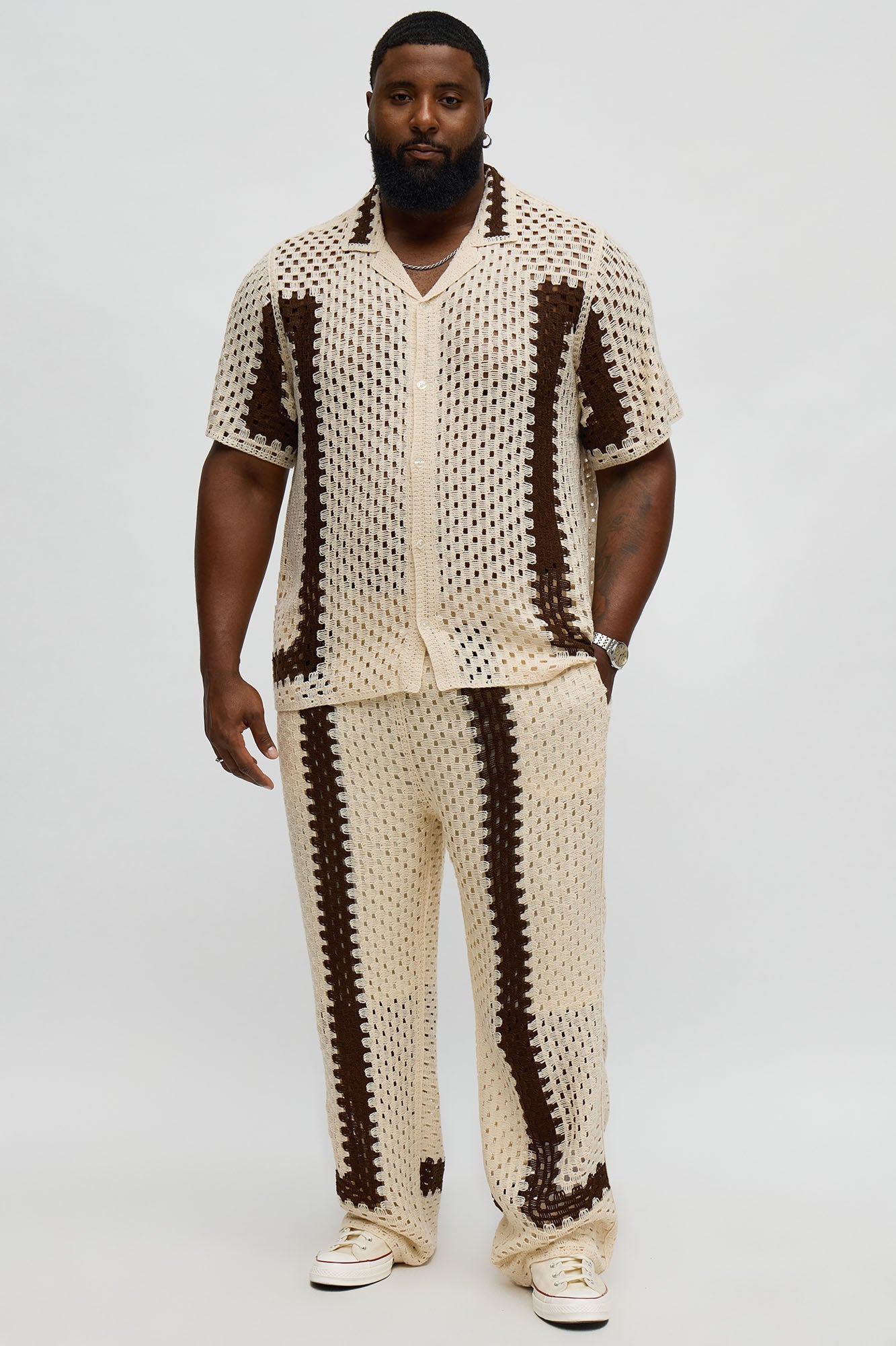 Worldwide Crochet Button Up Shirt - Cream/combo