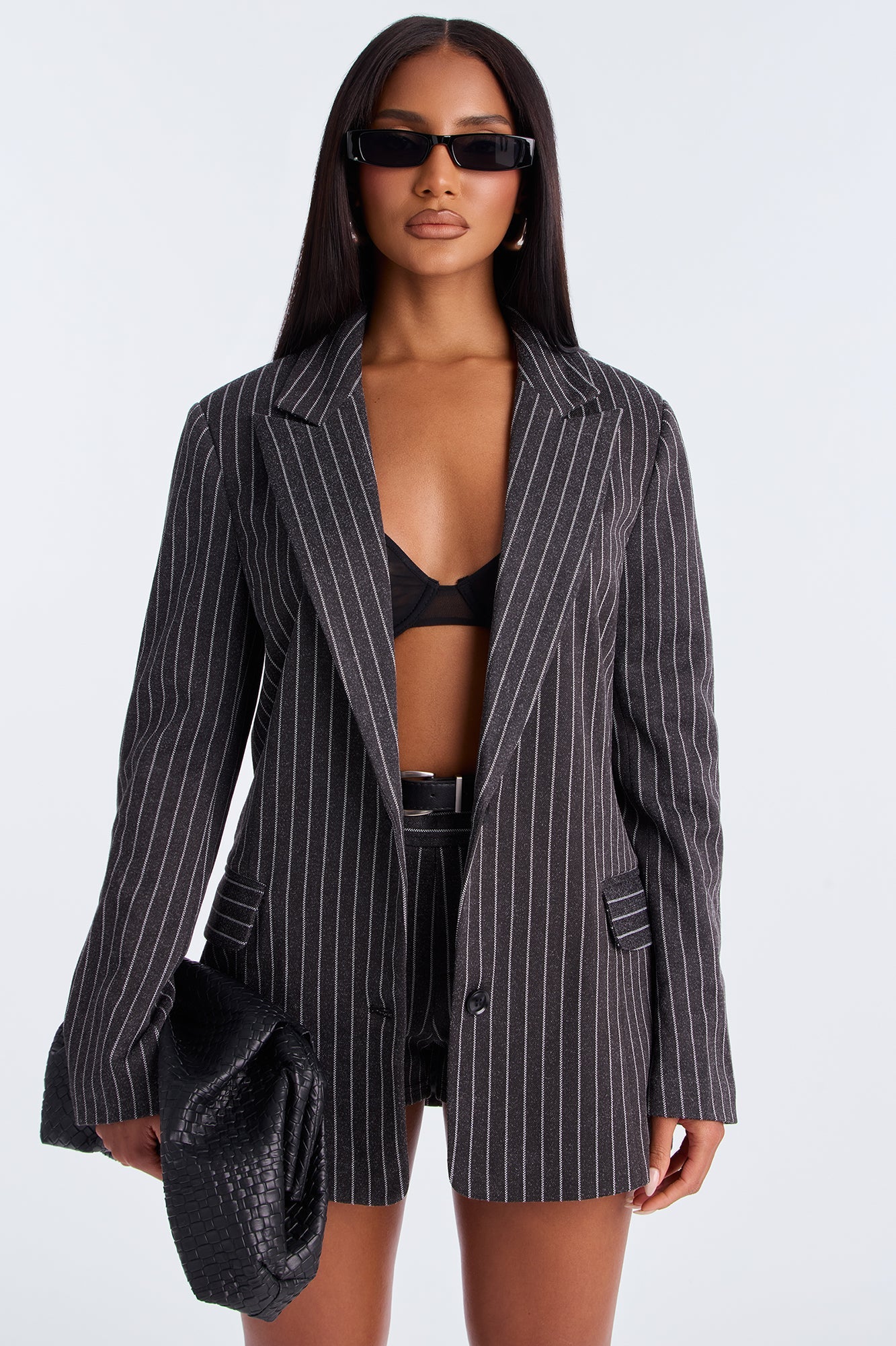 Clocked In Blazer Pinstripe Belted Short Set - Charcoal