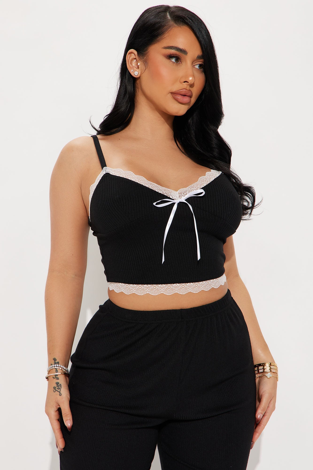 Sleeping Over Ribbed PJ Pant Set - Black