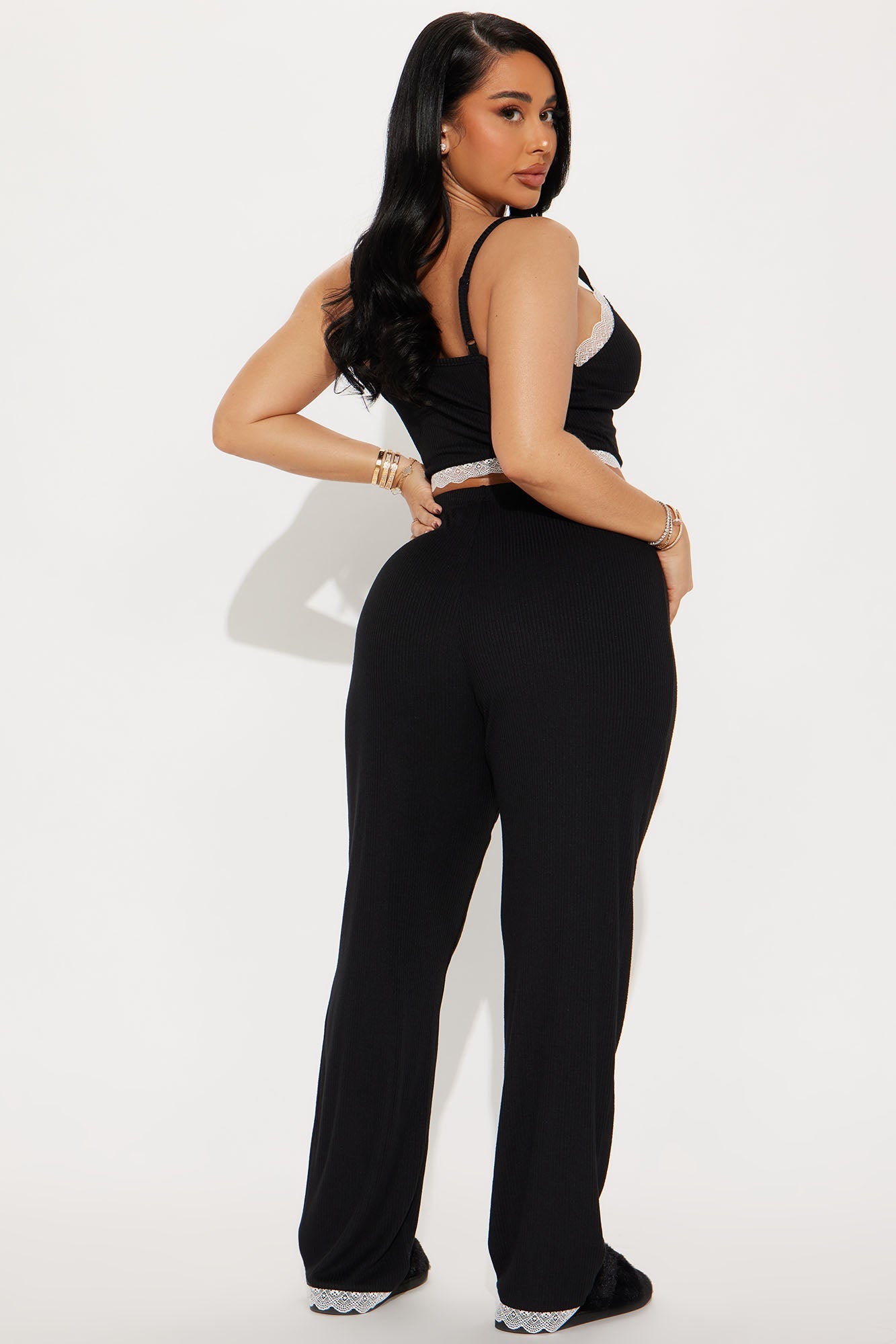 Sleeping Over Ribbed PJ Pant Set - Black