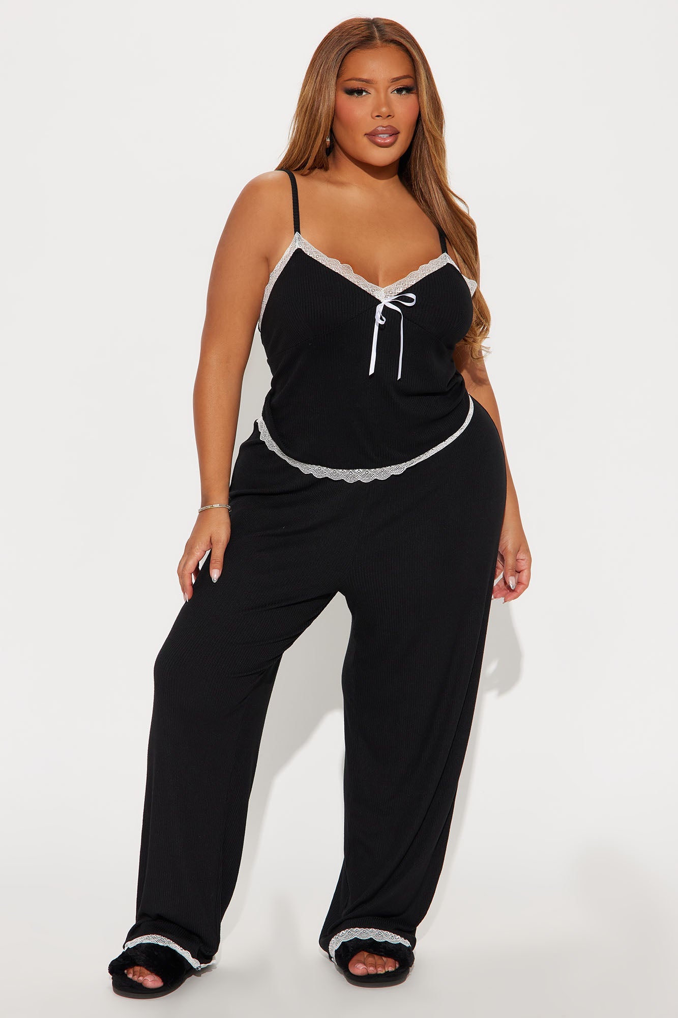 Sleeping Over Ribbed PJ Pant Set - Black