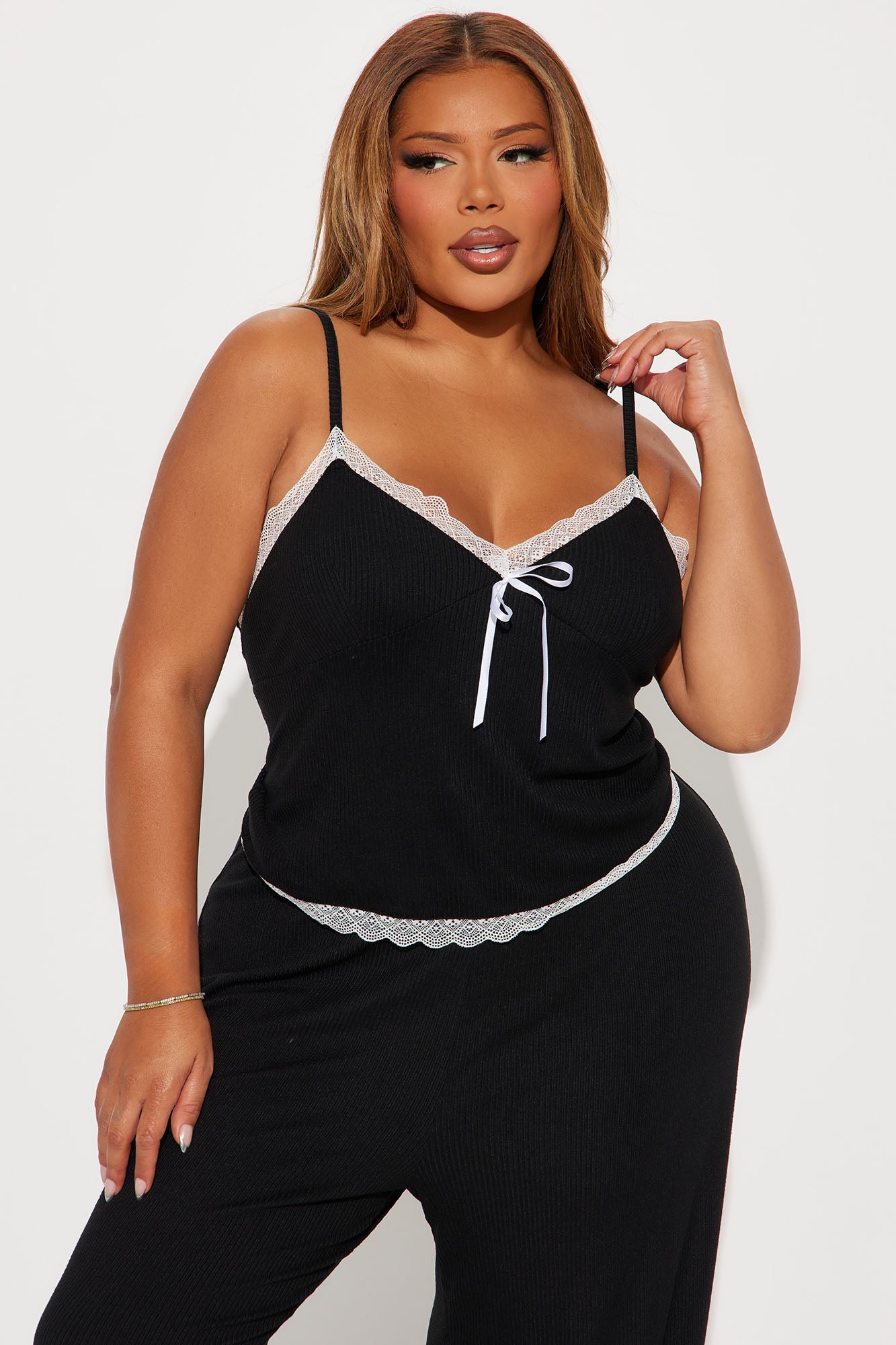 Sleeping Over Ribbed PJ Pant Set - Black